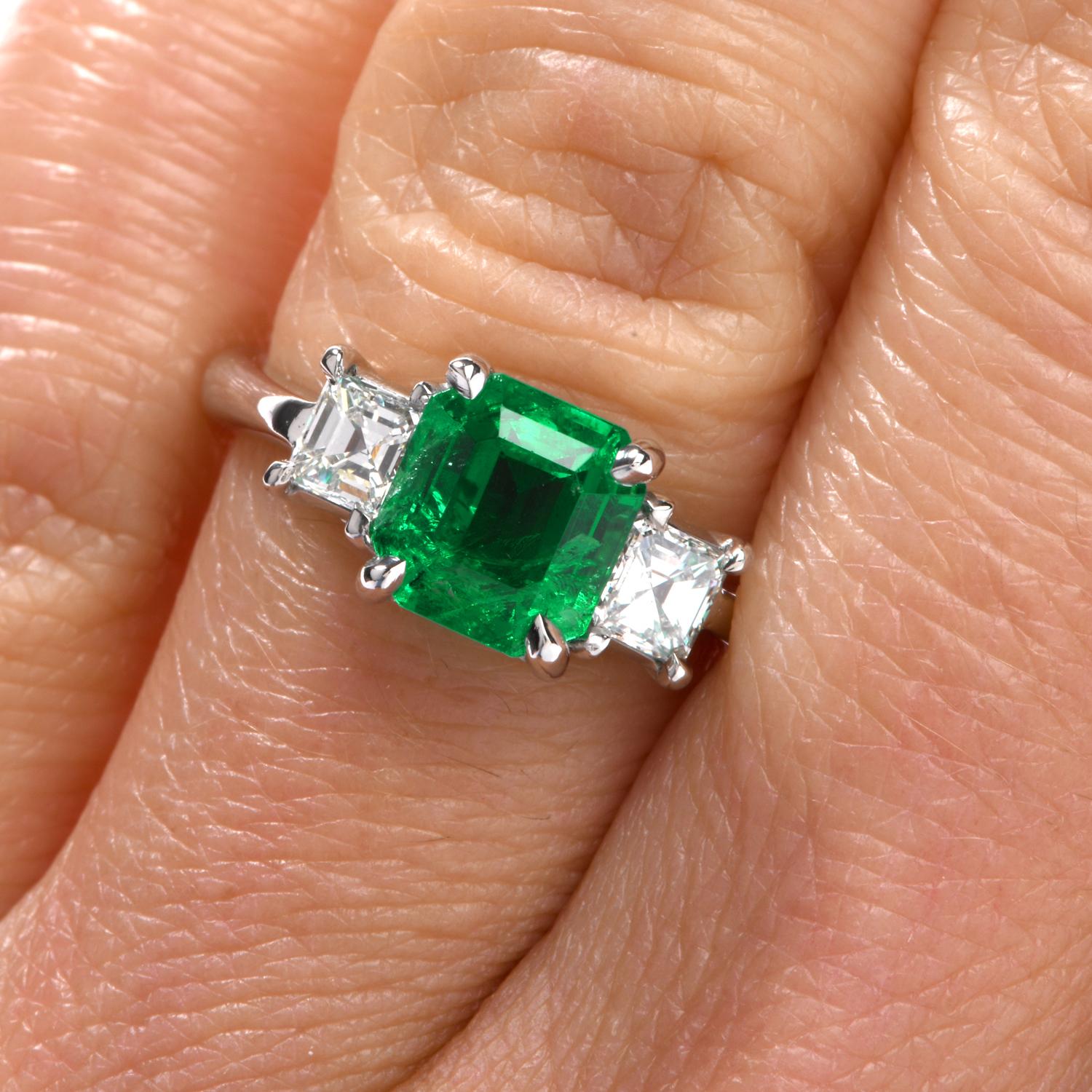 Art Deco Dover Diamond Colombian Emerald Asscher Cut Diamond Platinum Three-Stone Ring