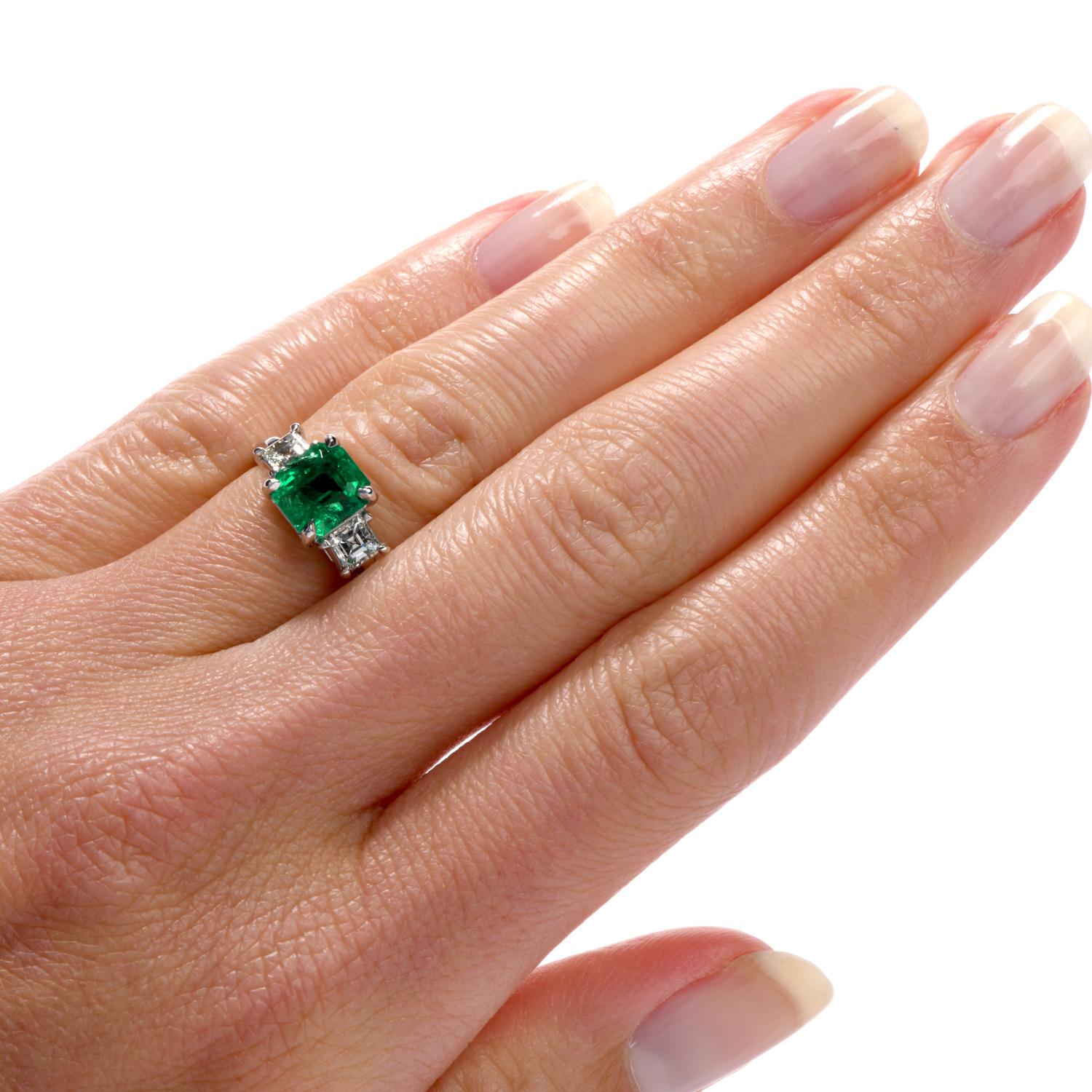 Dover Diamond Colombian Emerald Asscher Cut Diamond Platinum Three-Stone Ring In Excellent Condition In Miami, FL