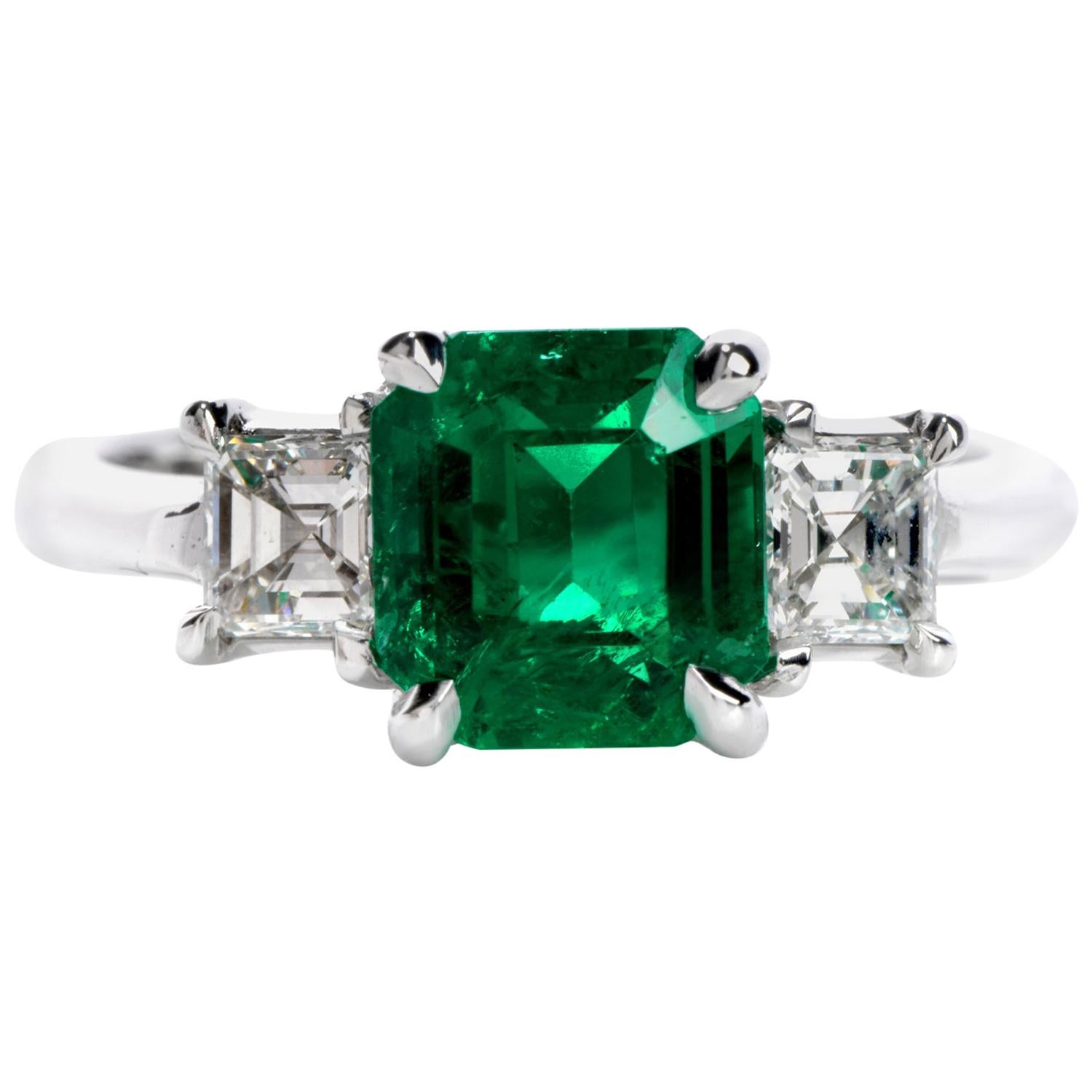 Dover Diamond Colombian Emerald Asscher Cut Diamond Platinum Three-Stone Ring