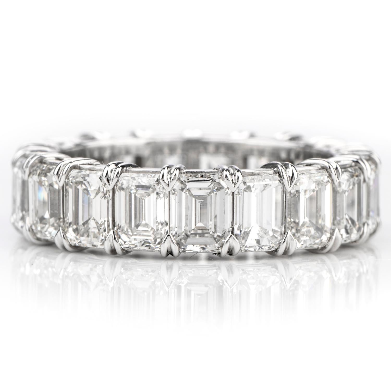 Encircle her with all your love with this stunning Spacial Hand crafted Emerald Cut Diamond Eternity

Band crafted in luxurious Platinum.  

19 beautifully matched vibrant white emerlad cut diamonds run

completely around the finger.  Each diamond