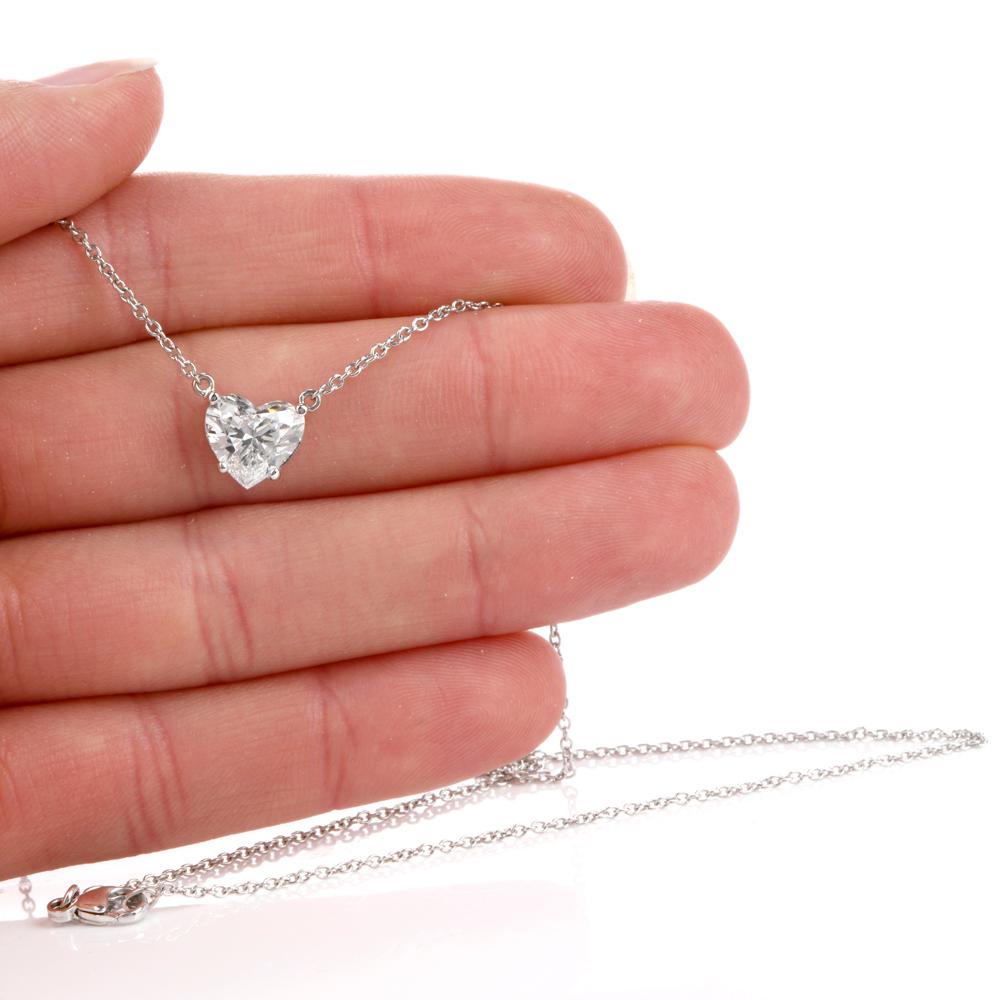 This beautiful simple heart diamond necklace is crafted in solid platinum, weighing 5 grams and measuring 17.50” long. Showcasing a shimmering prong-set, GIA Certified brilliant heart shaped diamond, weighing 2.06 carats, graded D color and SI1