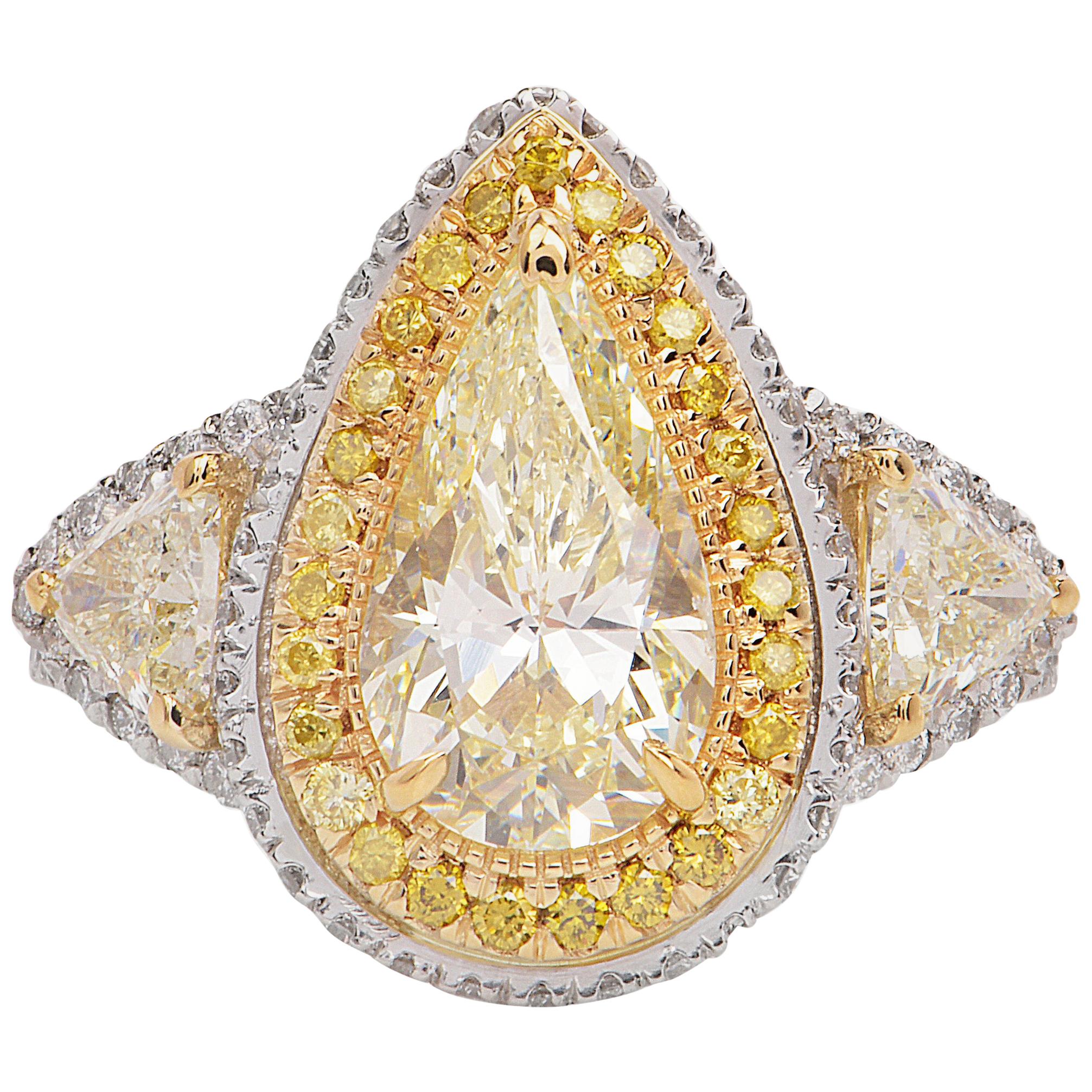  Diamond Natural yellow Pear Diamond Platinum Gold Engagement Ring