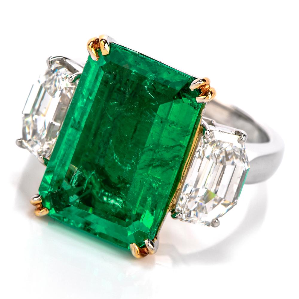 This ellegant Emerald and Diamond Cocktail Engagement ring was inspired in 

a traditional 3 stone design and crafted in platinum

Prominent in the center is an Octagonal Shpaed Natural GIA certified Emerald

measuring appx. 14.32mm x 9.61mm x