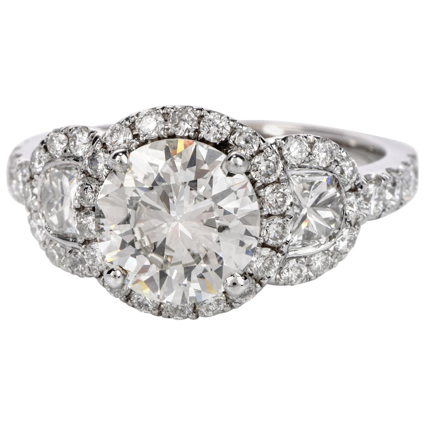 Dover GIA 1.72 Carat Round Diamond 18 Karat Gold 3-Stone Halo Engagement Ring