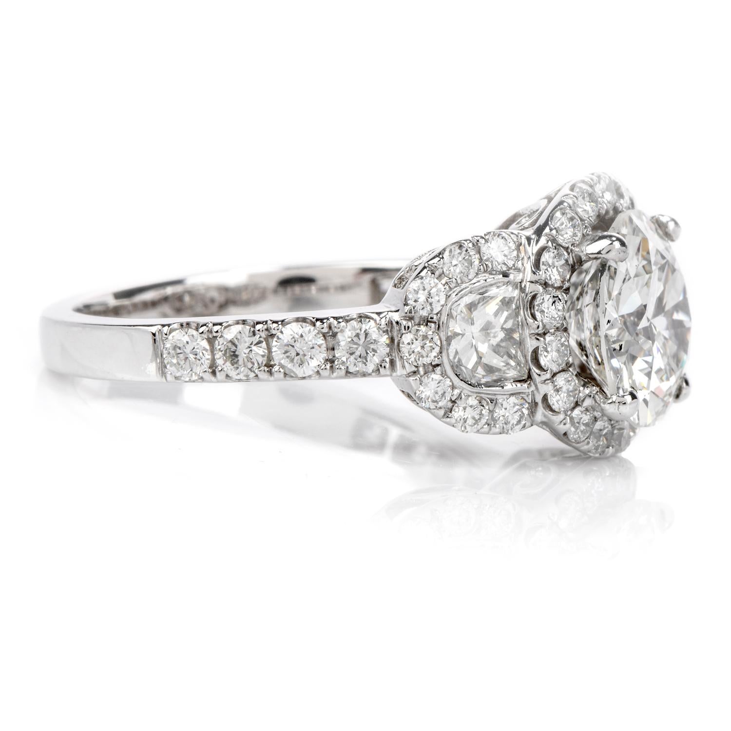 Romantic Dover GIA 1.72 Carat Round Diamond 18 Karat Gold 3-Stone Halo Engagement Ring