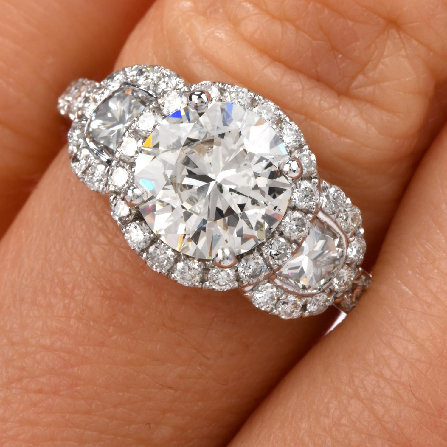 Women's or Men's Dover GIA 1.72 Carat Round Diamond 18 Karat Gold 3-Stone Halo Engagement Ring