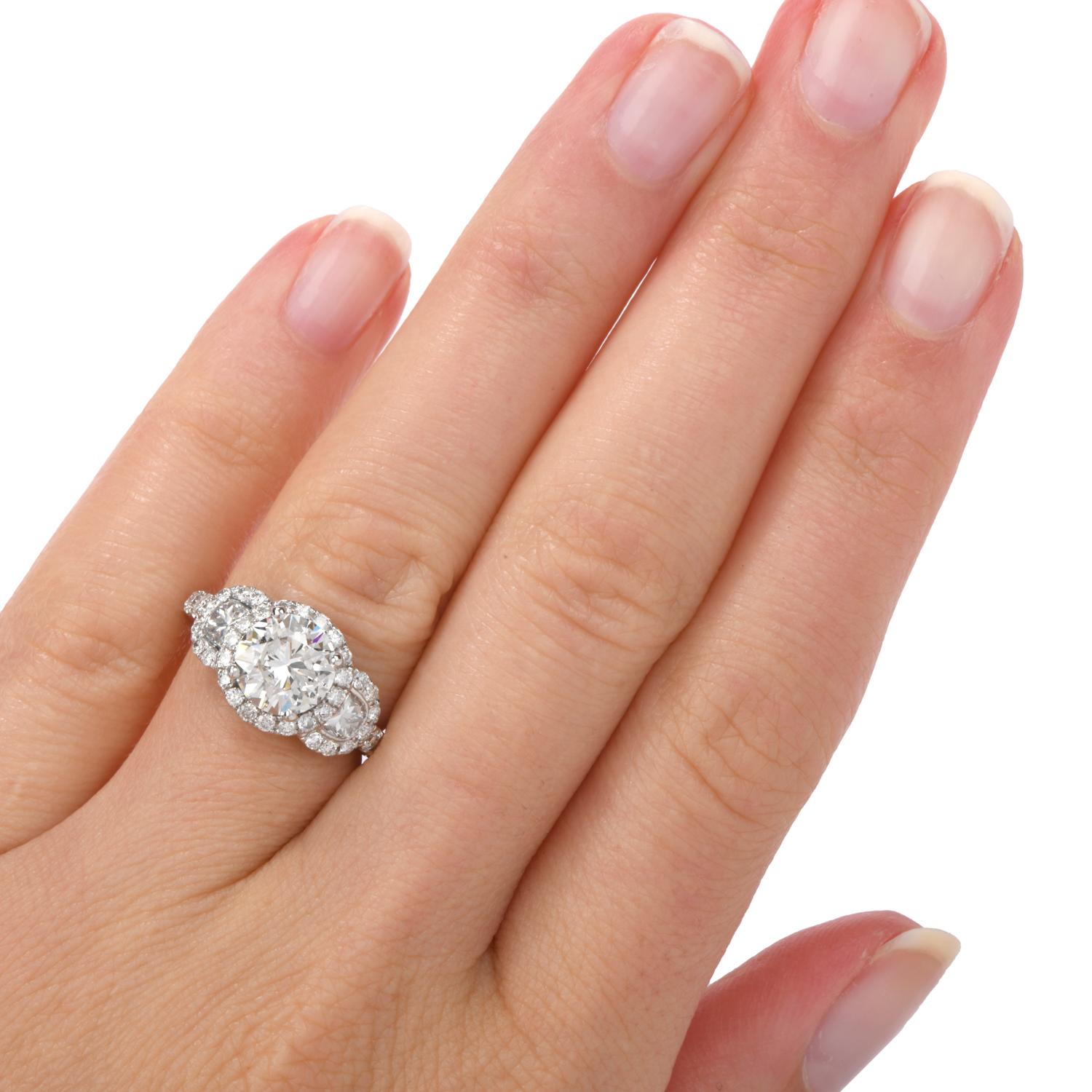 Dover GIA 1.72 Carat Round Diamond 18 Karat Gold 3-Stone Halo Engagement Ring 1