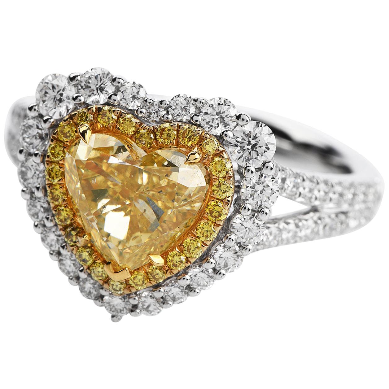 Dover GIA 2.16 Carat Fancy Yellow Heart Diamond 18 Karat Gold Engagement Ring