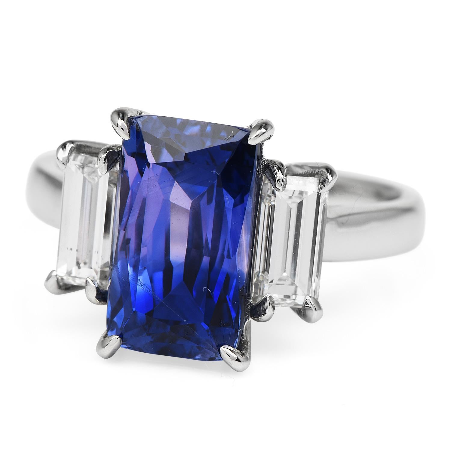 Women's or Men's Dover GIA Ceylon No Heat Sapphire Diamond Platinum Three Stone Ring 