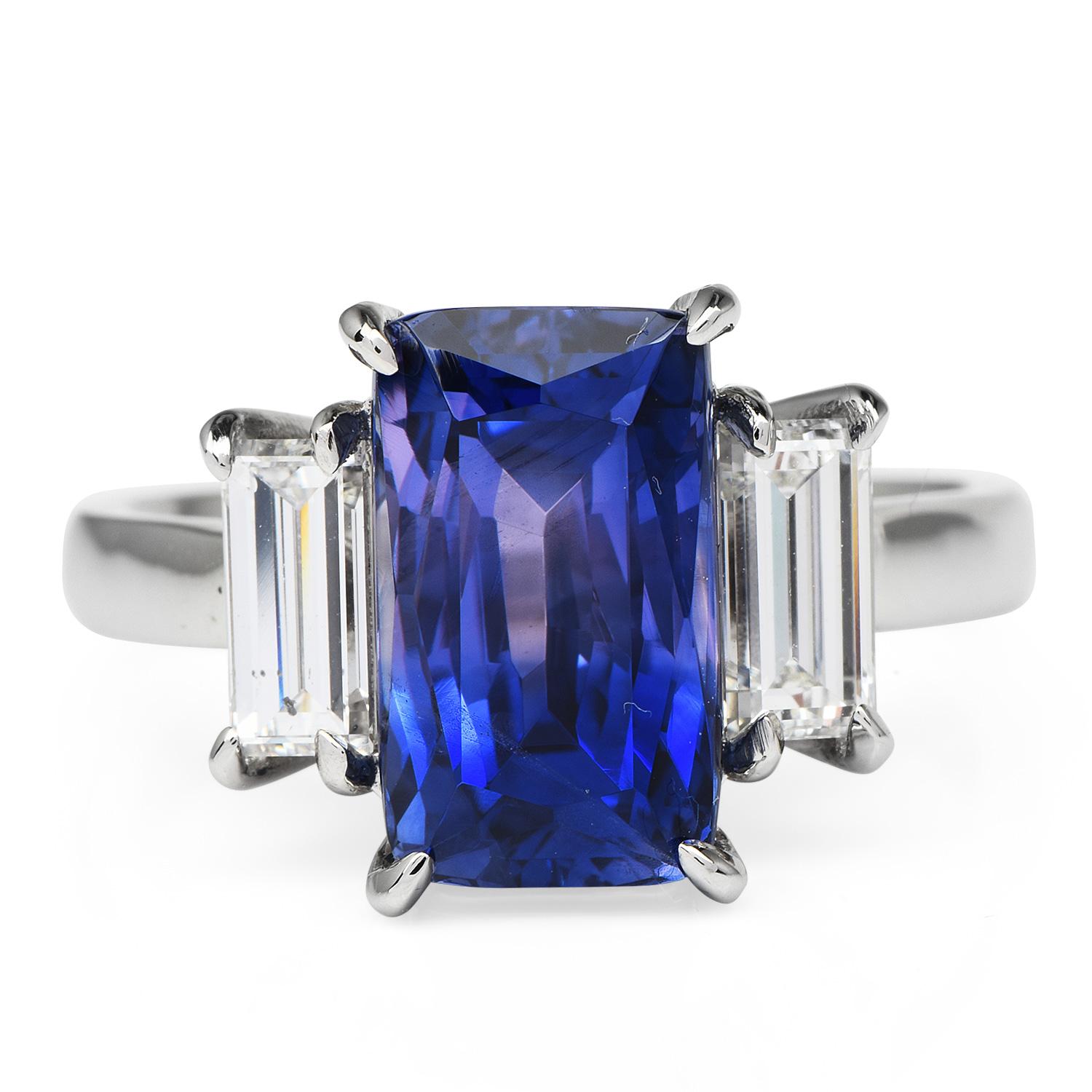 Dover GIA Ceylon No Heat Sapphire Diamond Platinum Three Stone Ring  2