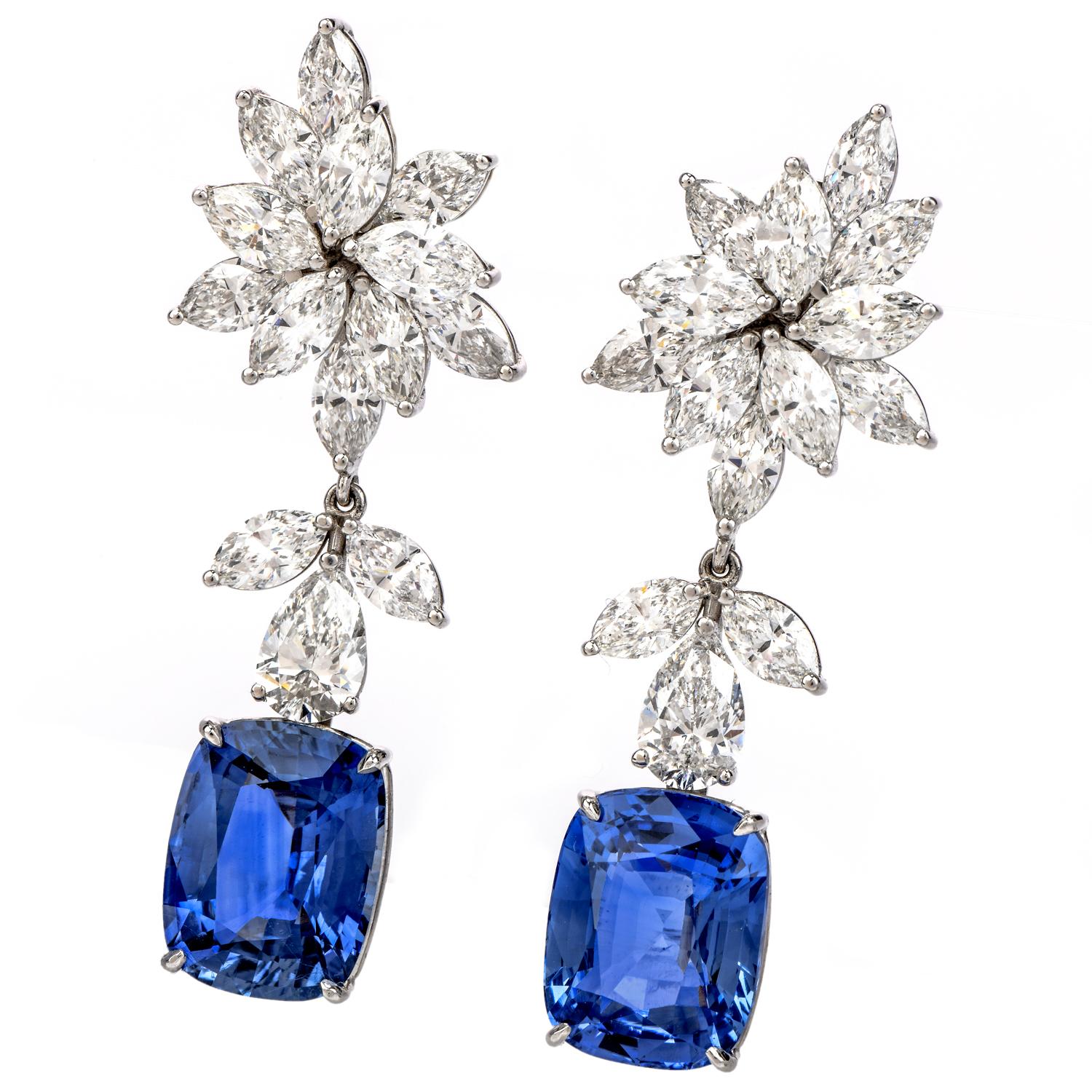 Amaze yourself with these incredibly clean and transparent Diamond Natural Ceylon Sapphire 18K Gold 11.28ct CushionDrop Earrings.  

These extremely gorgeous earrings have two, natural, no heat, Ceylon blue sapphires. 
They are transparent, cushion