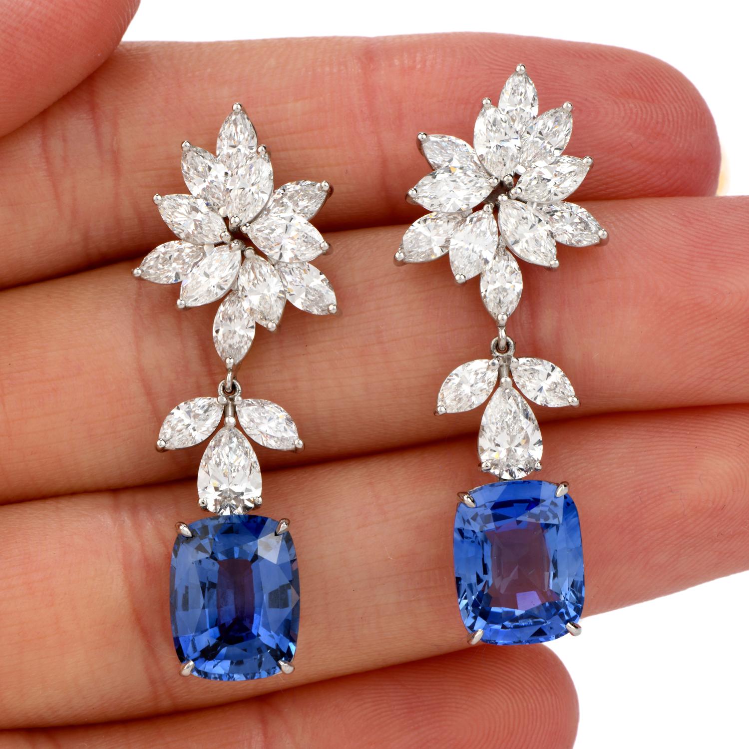 Cushion Cut 17.32 Carat Diamond Natural Ceylon Sapphire Gold Drop Earrings