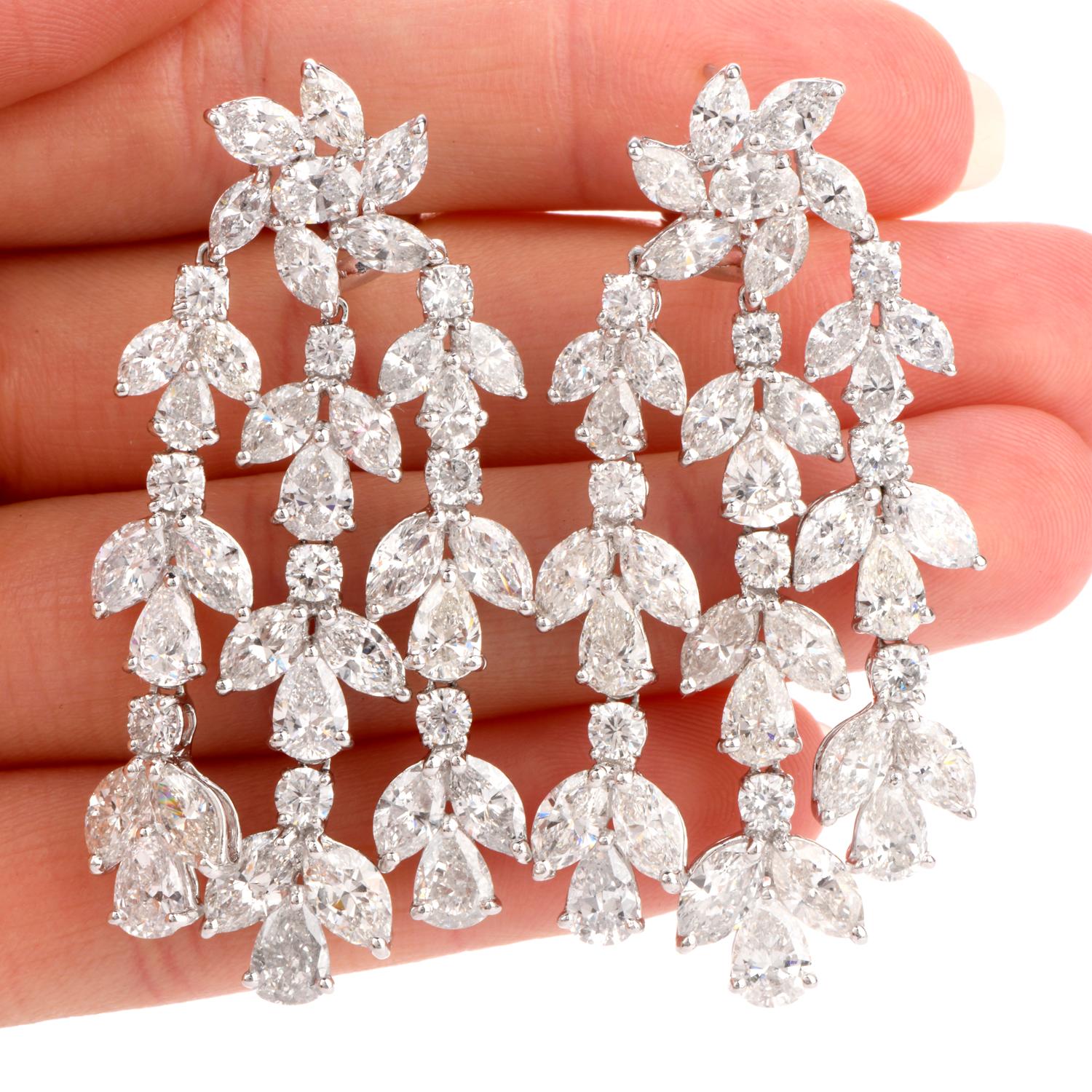 30.00 Carat Diamond Platinum Floral Chandelier Dangle Earrings In Excellent Condition In Miami, FL