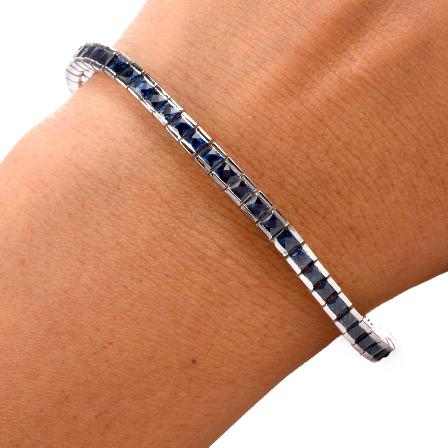 Art Deco Blue Sapphire Platinum Line Tennis Bracelet