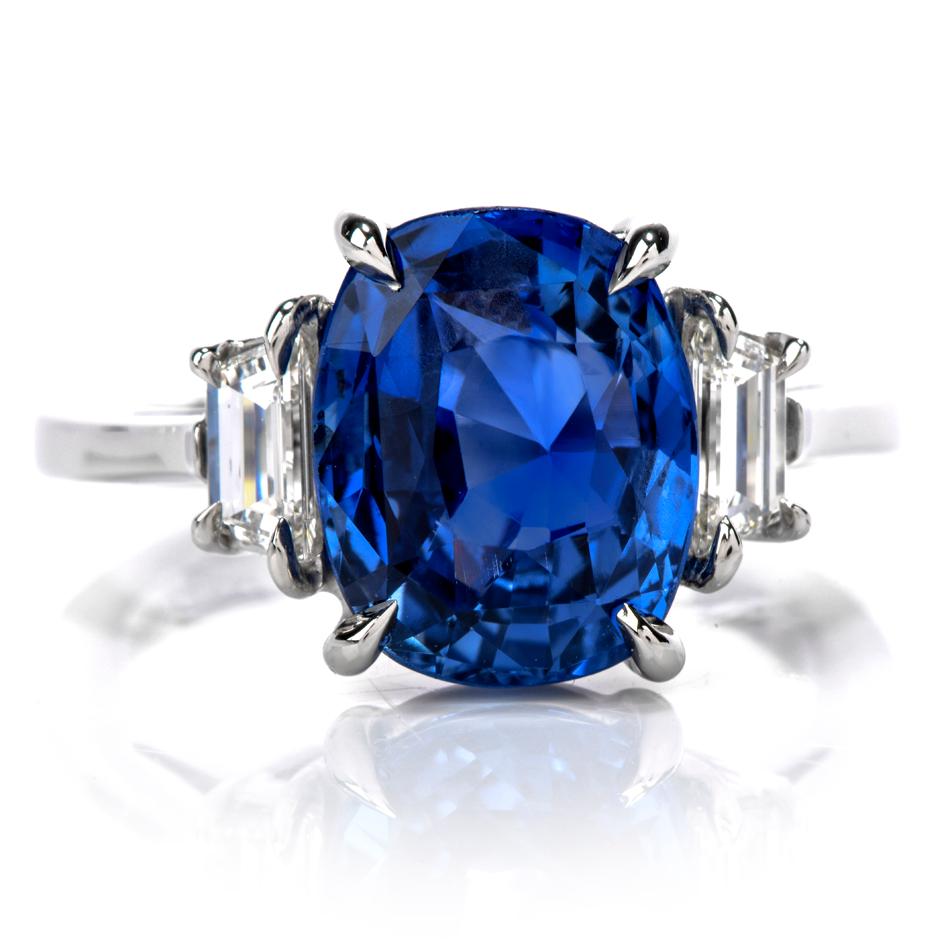Your dream ring is now a tangible reality with this profound Large, Blue Cushion Cut Burma Sapphire & Diamond Platinum ring! Let yourself get carried away in the large 5.50 carat center sapphire of Burma origin all Natural with No heat Treatment.