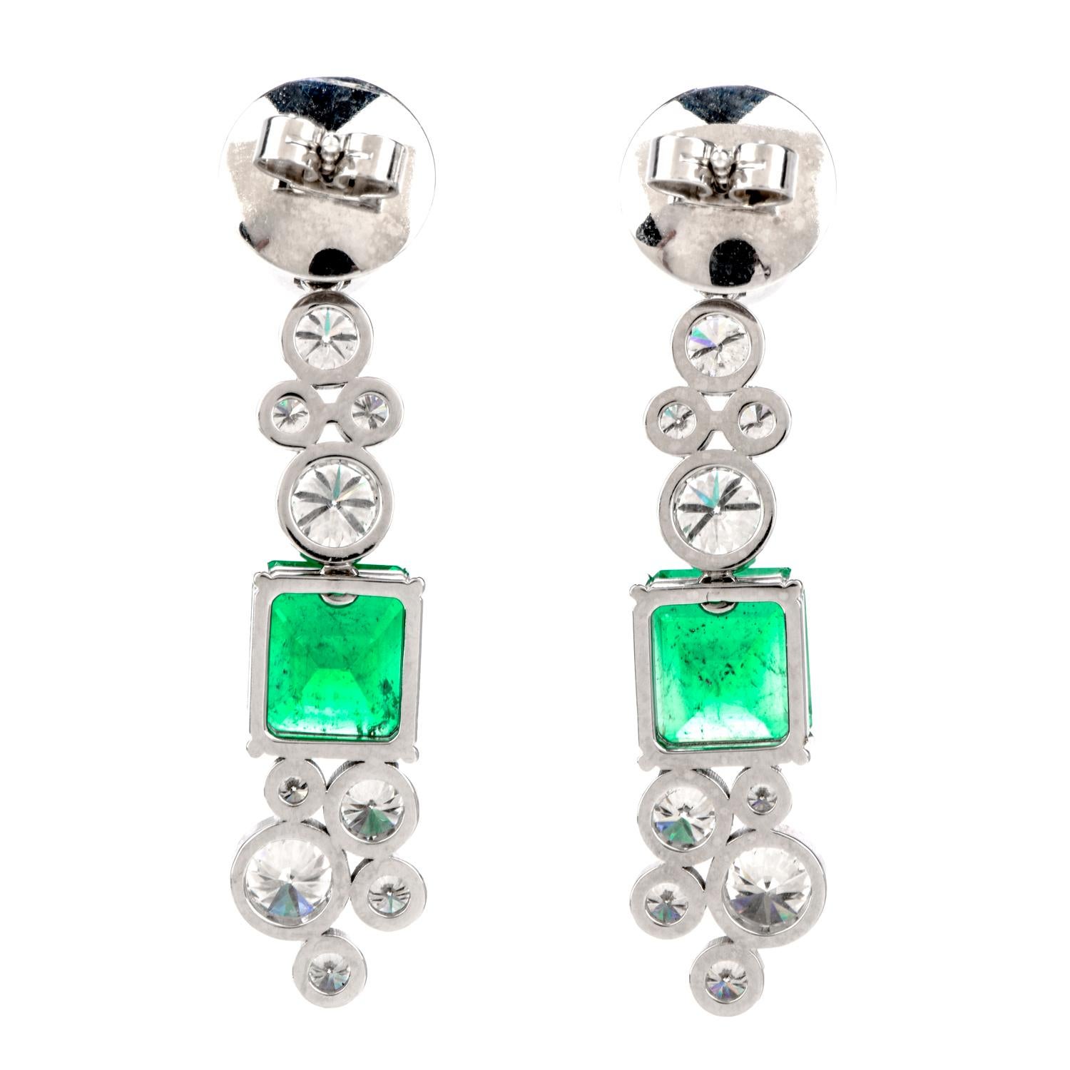 Modern Certified 9.69 Carat Colombian Emerald Diamond 18 Karat Drop Earrings