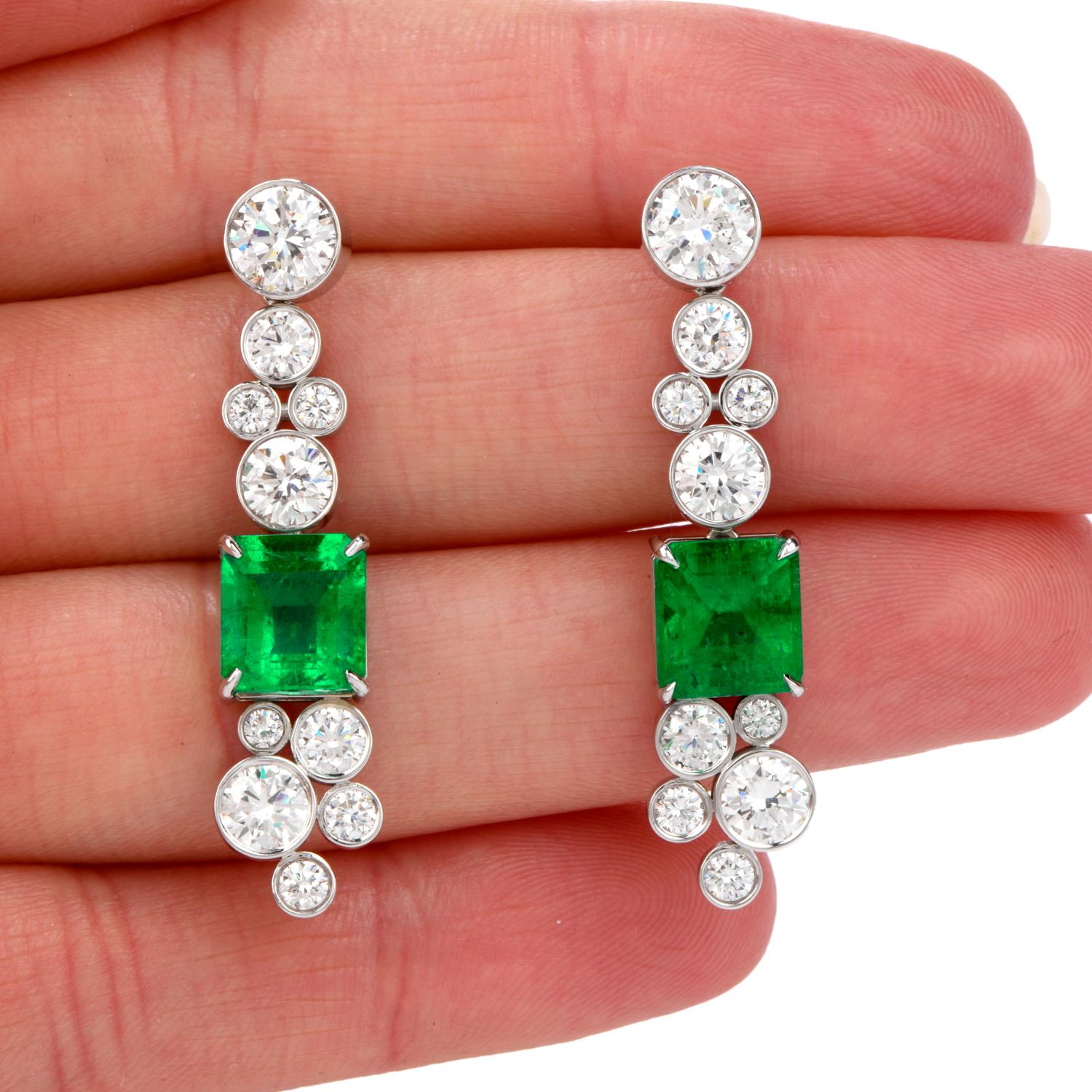 Emerald Cut Certified 9.69 Carat Colombian Emerald Diamond 18 Karat Drop Earrings