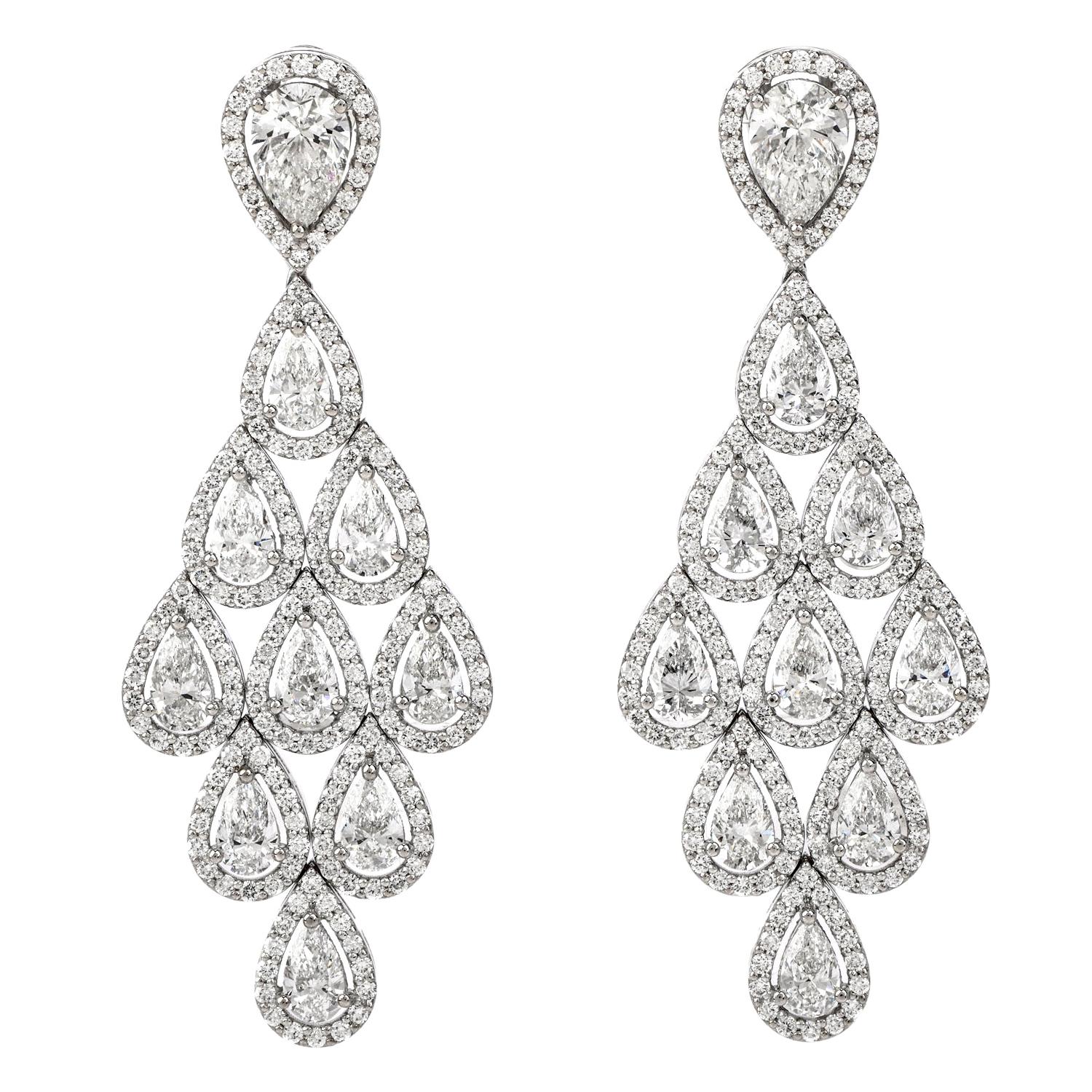 Dover Jewelry Diamond 18 Karat Gold Pear Halo Drop Chandelier Earrings