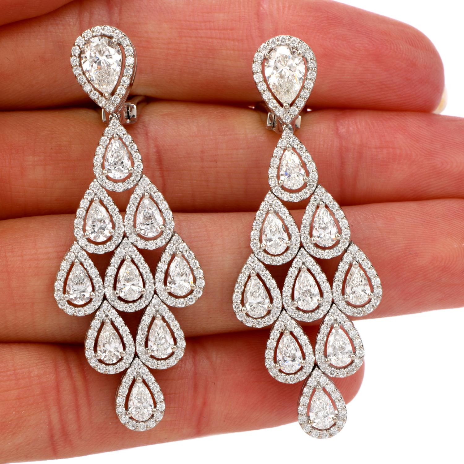 Dover Jewelry Diamond 18 Karat Gold Pear Halo Drop Chandelier Earrings In Excellent Condition In Miami, FL