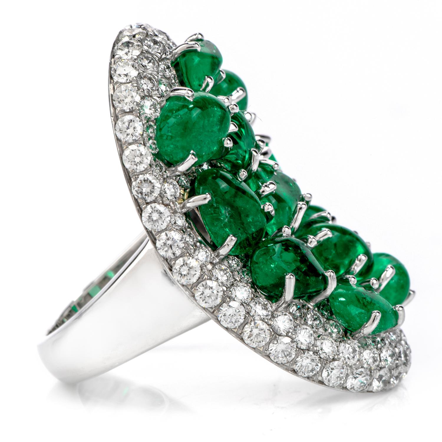 Modern Diamond Colombian Emerald Platinum Cabochon Cluster Ring