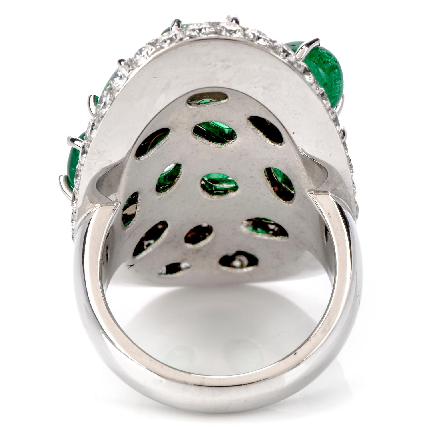Emerald Cut Diamond Colombian Emerald Platinum Cabochon Cluster Ring