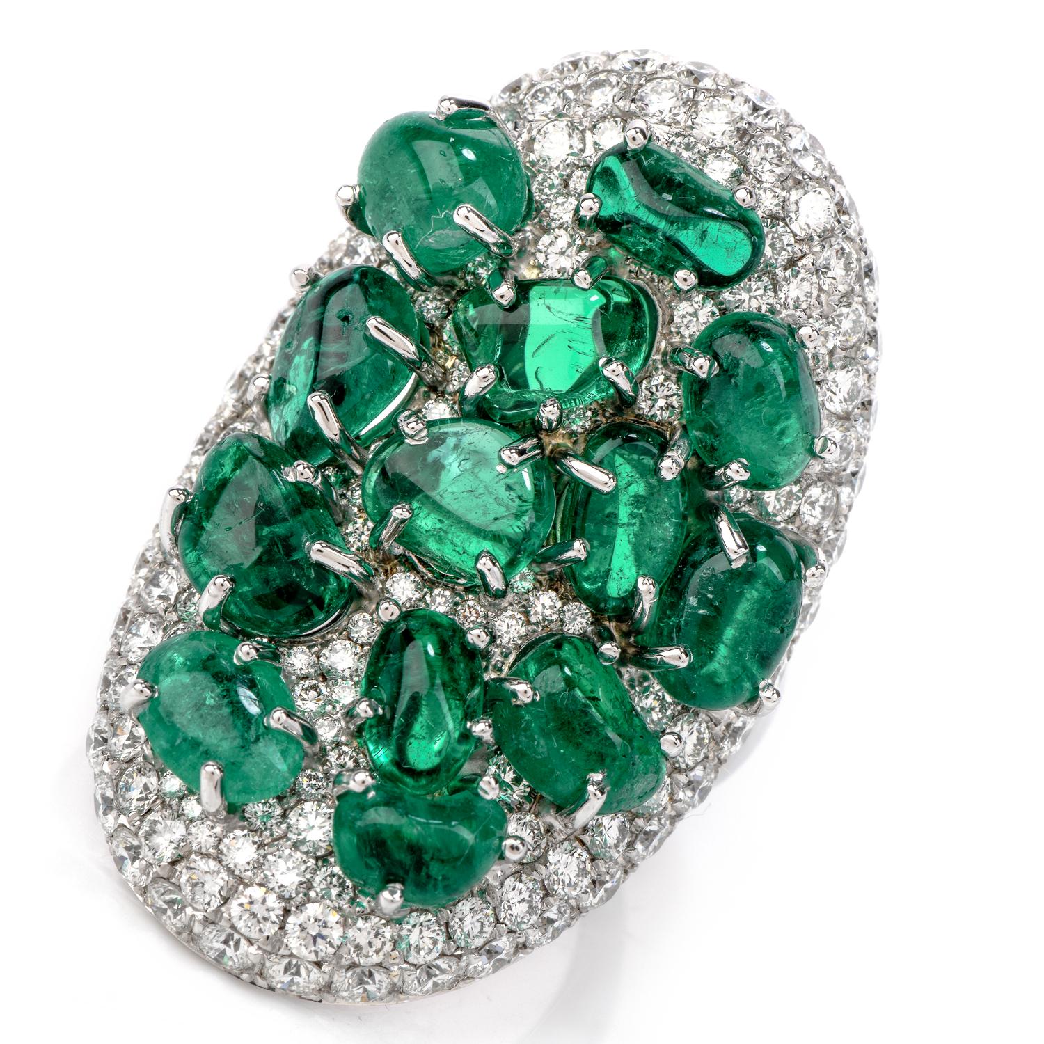 Diamond Colombian Emerald Platinum Cabochon Cluster Ring In New Condition In Miami, FL