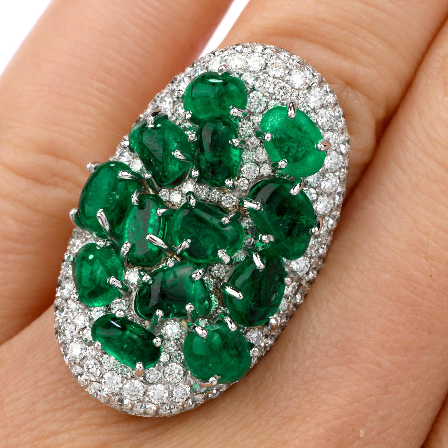 Women's Diamond Colombian Emerald Platinum Cabochon Cluster Ring