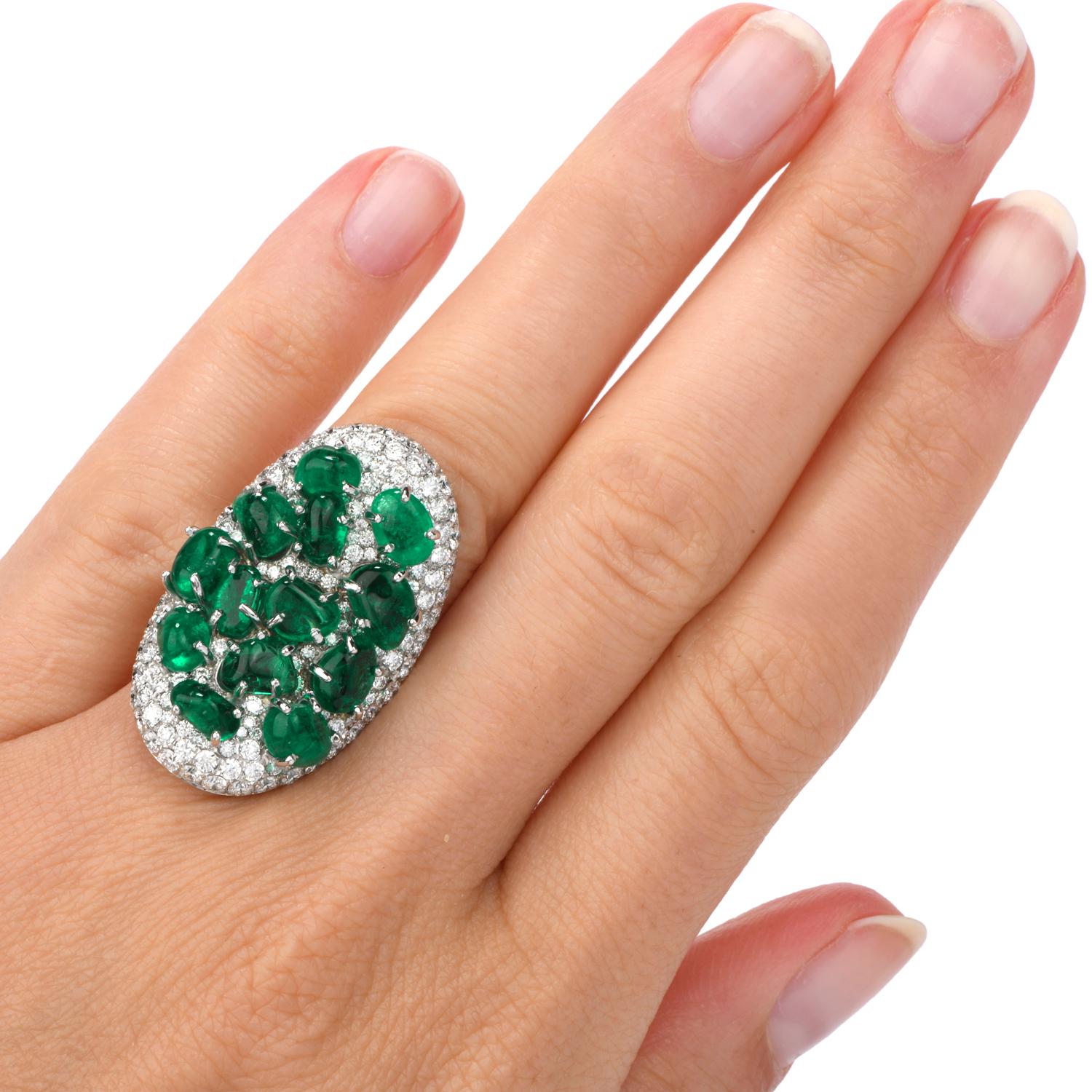 Diamond Colombian Emerald Platinum Cabochon Cluster Ring 1