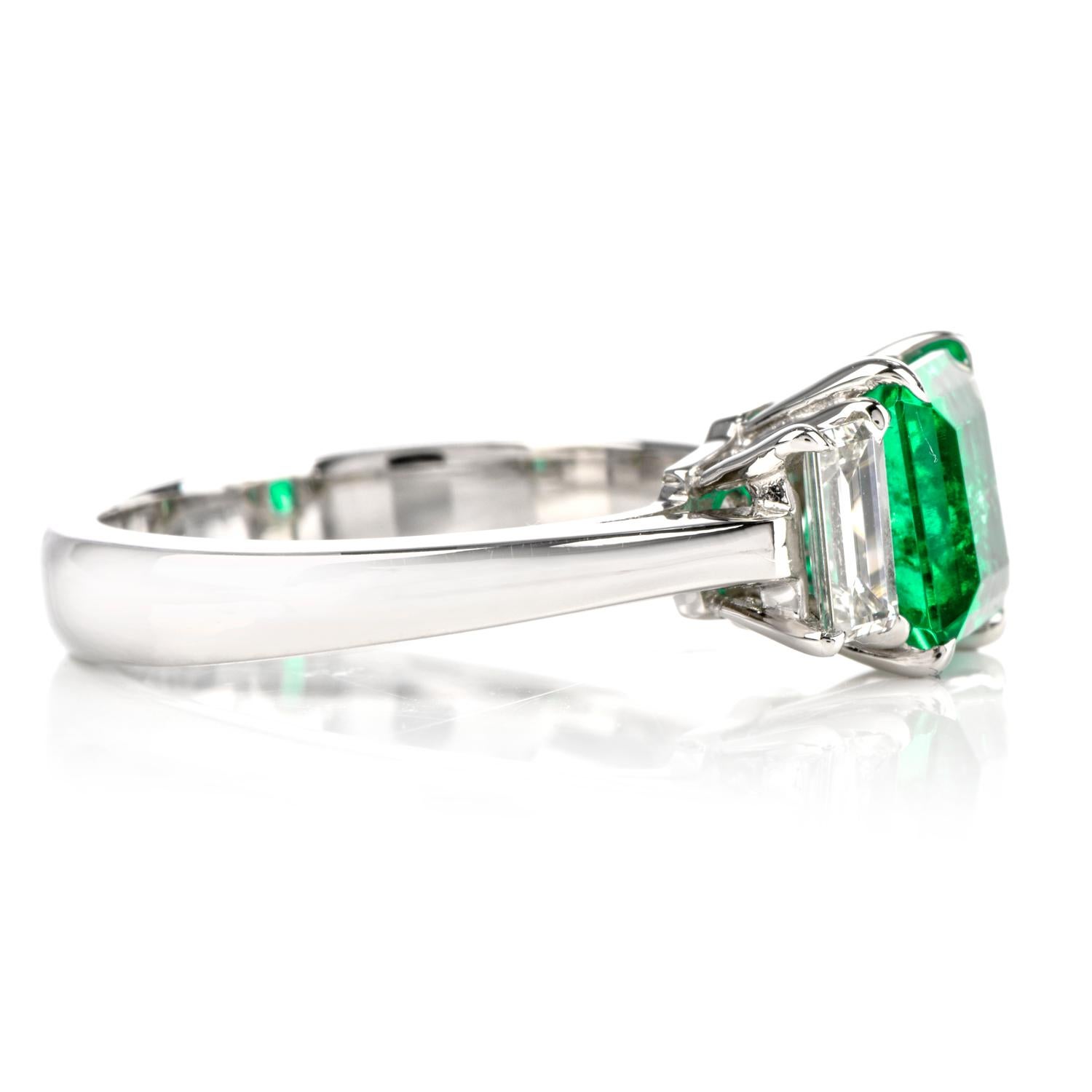 Women's or Men's Fine Colombian Emerald Diamond Platinum Three-Stone Ring