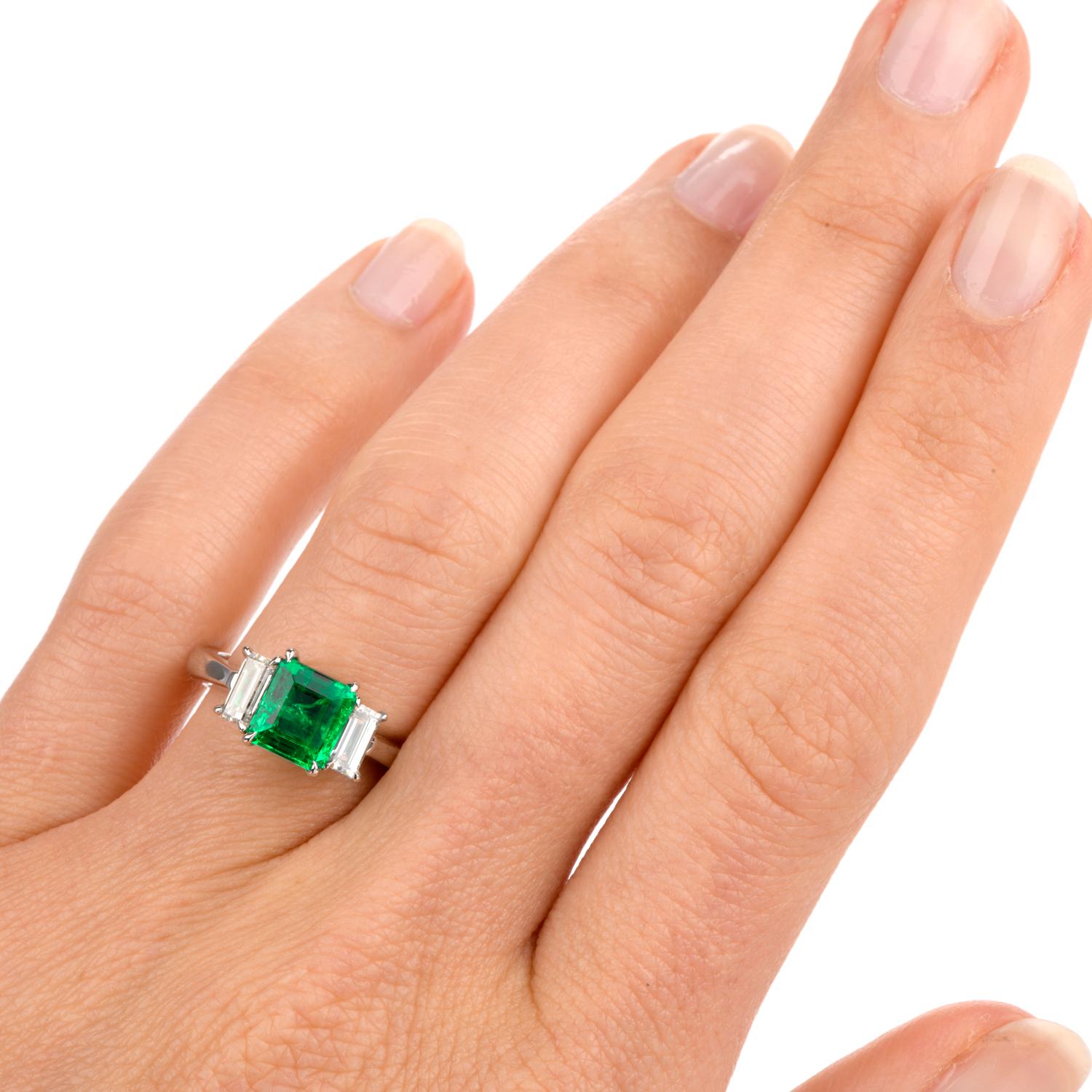 Fine Colombian Emerald Diamond Platinum Three-Stone Ring 2