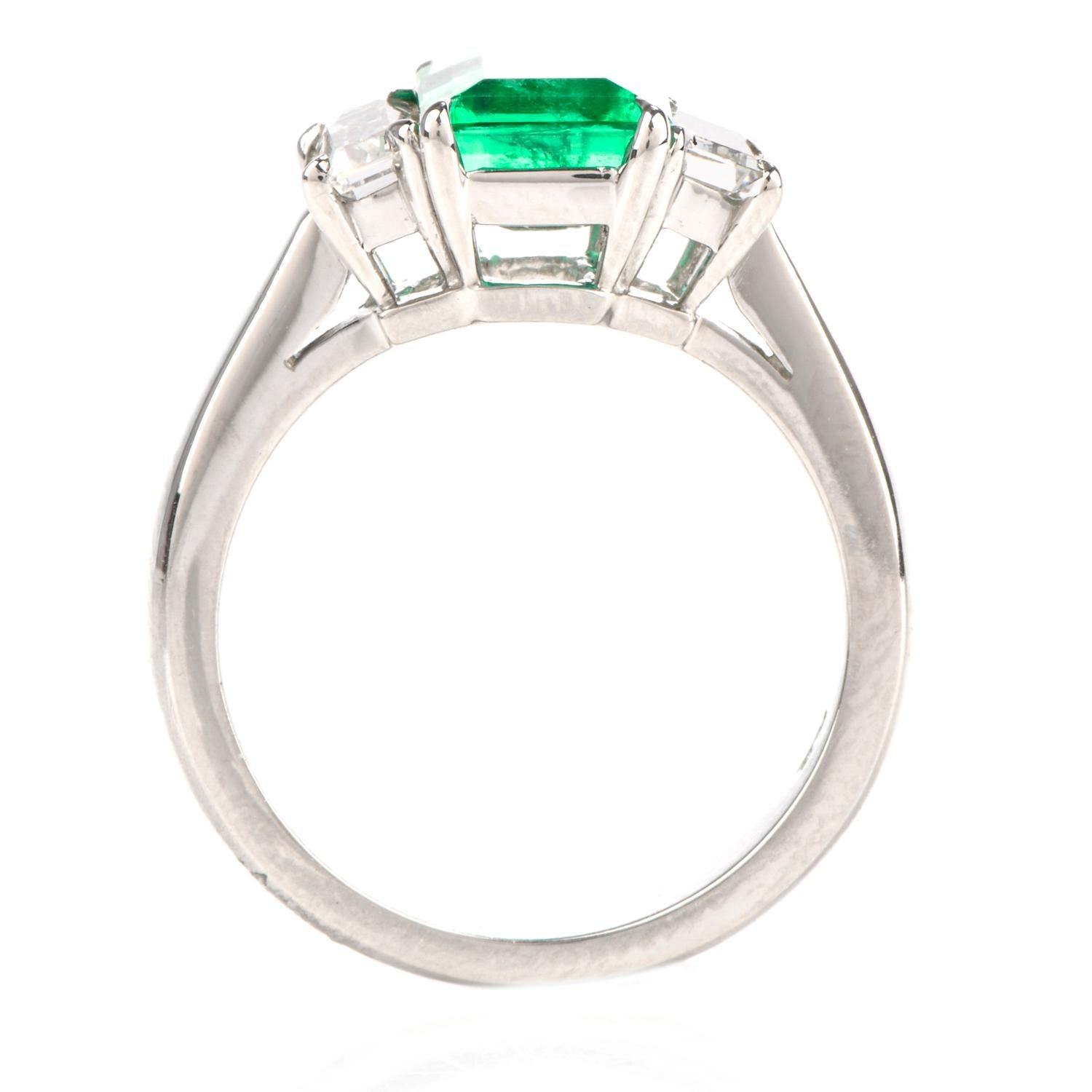Fine Colombian Emerald Diamond Platinum Three-Stone Ring 3