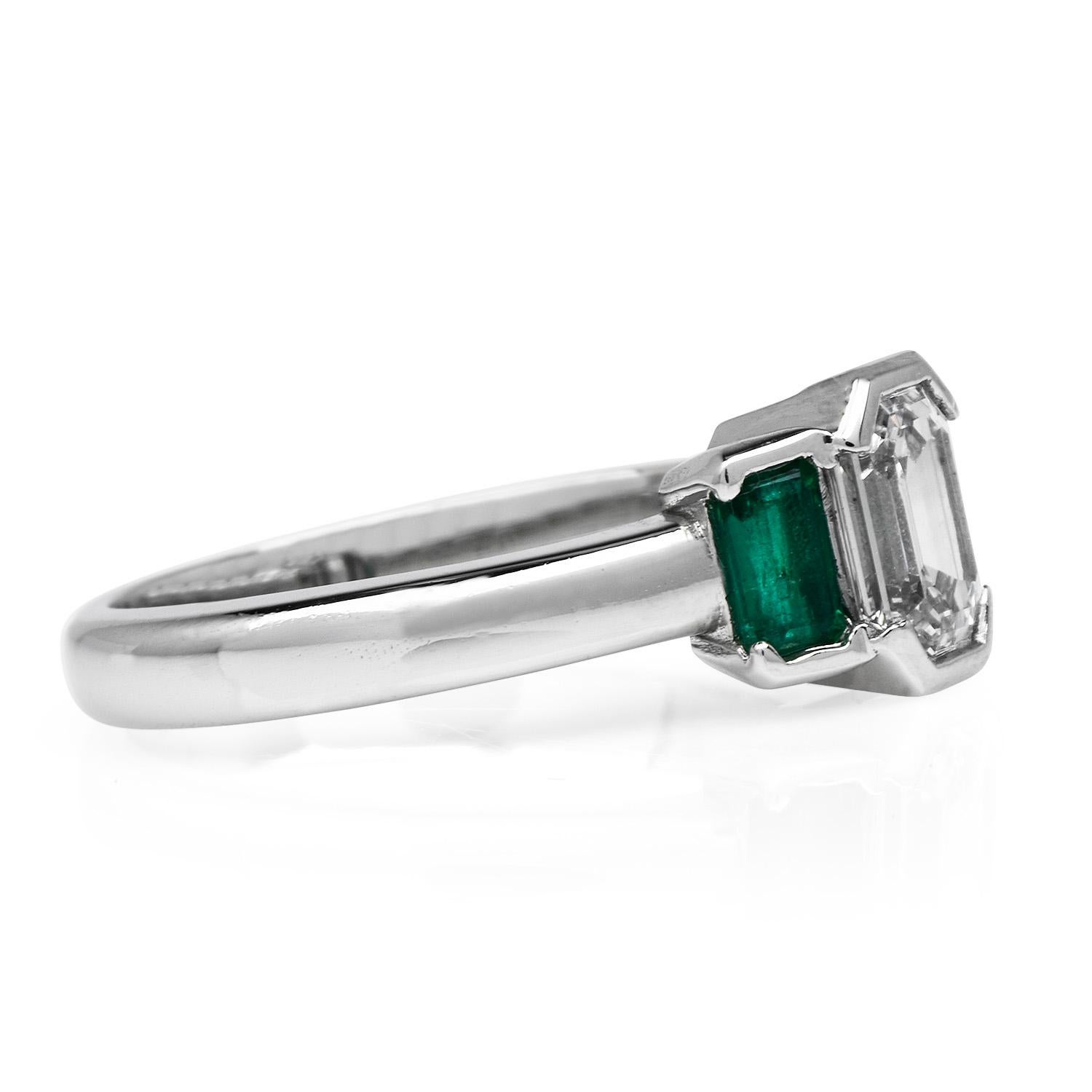 Dover Jewelry GIA 1.20cts Diamond Emerald Platinum Three Stone Ring In Excellent Condition In Miami, FL