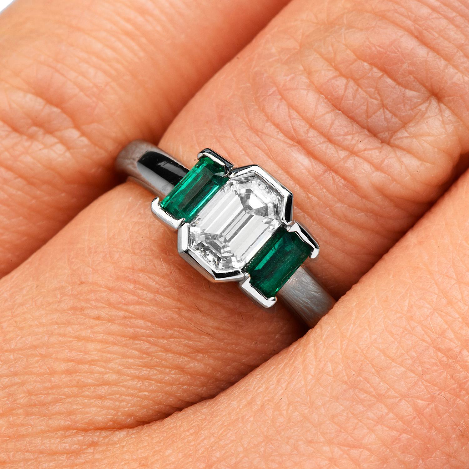 Dover Jewelry GIA 1.20cts Diamond Emerald Platinum Three Stone Ring 1