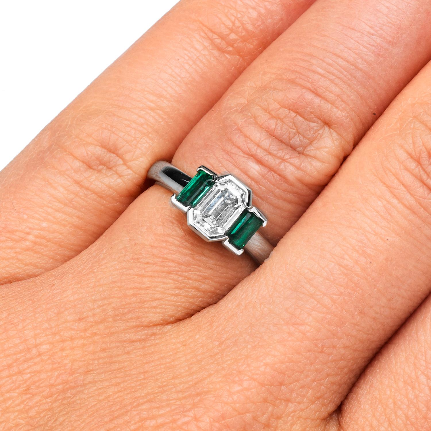 Dover Jewelry GIA 1.20cts Diamond Emerald Platinum Three Stone Ring 2