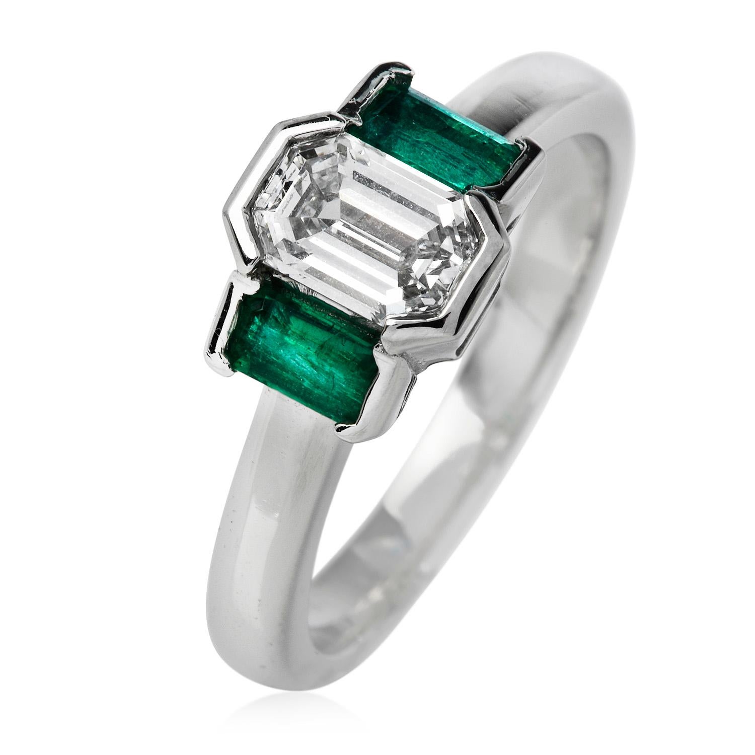 Three-Stone Rectangular Emerald Diamond Platinum Ring For Sale at 1stDibs