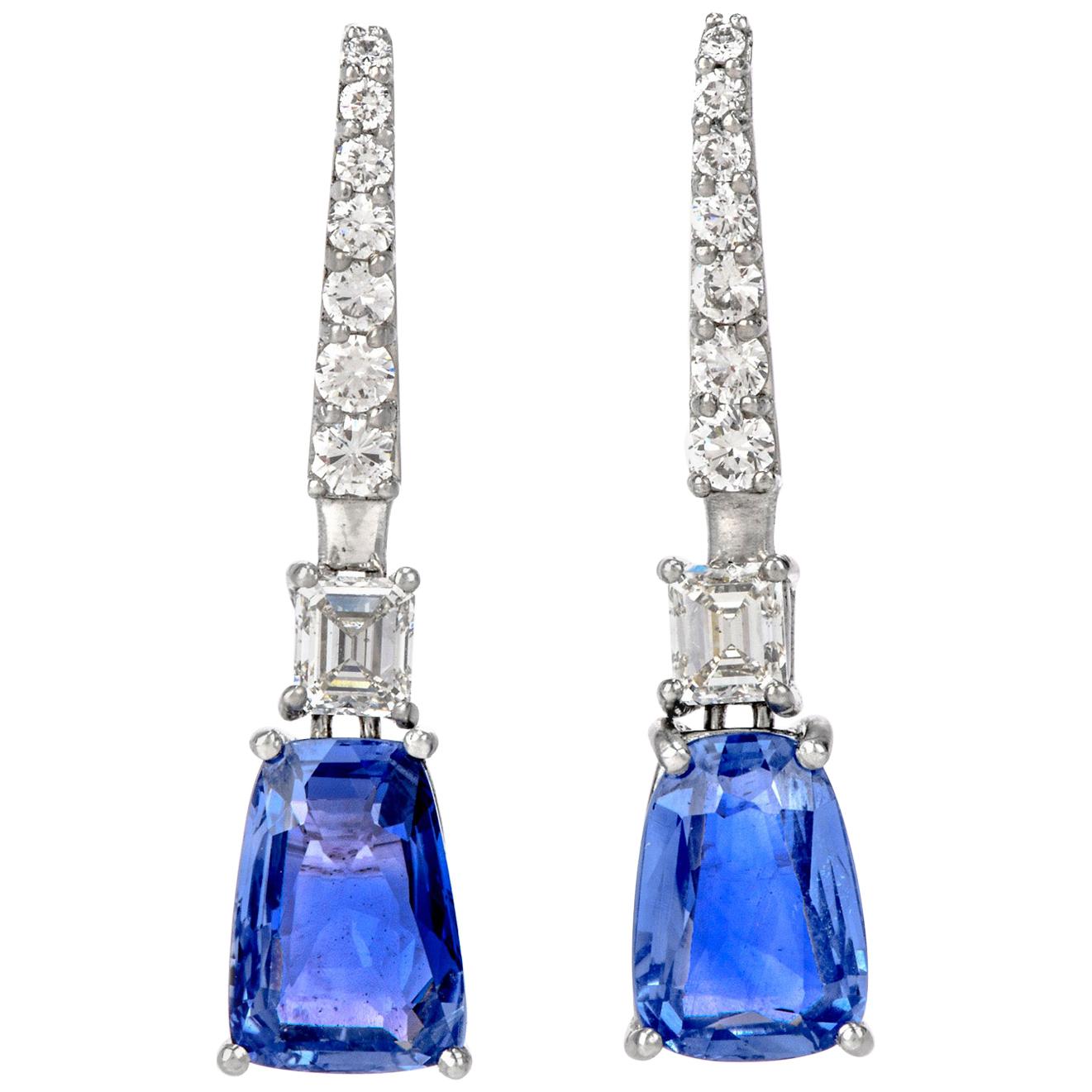 GIA Diamond 8.27ct No Heat Ceylon Sapphire Platinum Drop Earrings