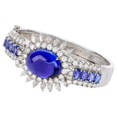 Dover Jewelry GIA Tanzanite Diamant Or 18K 32.23 Carat Cabochon Oval Bangle