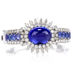 Dover Jewelry GIA Tanzanite Diamond 18K Gold 32.23 Carat Oval Cabochon Bangle