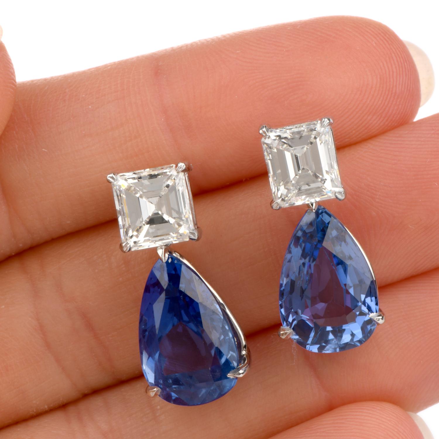 Art déco Boucles d'oreilles en platine avec saphir bleu GIA et diamant en forme de poire, de couleur naturelle en vente
