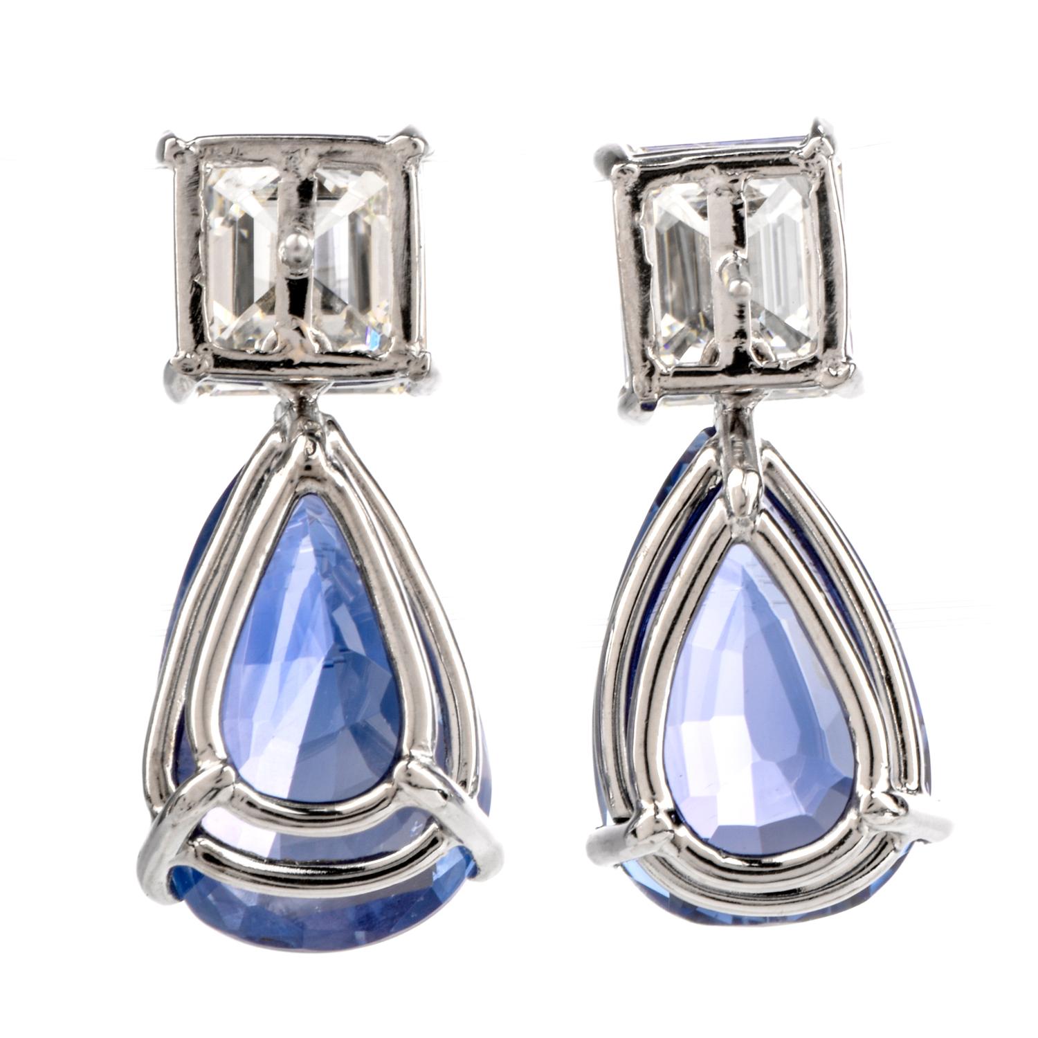 Natural GIA Blue Sapphire Diamond Pear Drop Platinum Earrings In Excellent Condition For Sale In Miami, FL