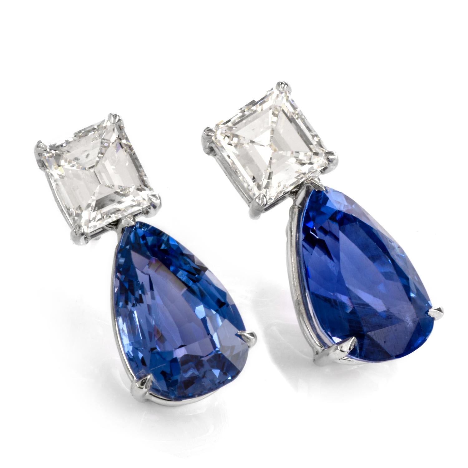 Women's Natural GIA Blue Sapphire Diamond Pear Drop Platinum Earrings For Sale