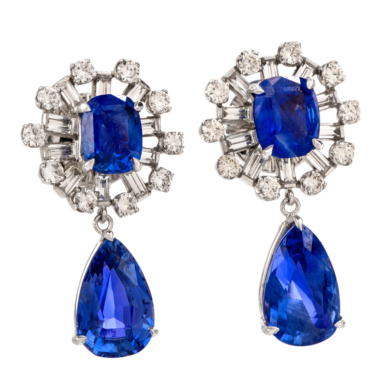 Art Deco Natural No Heat Sapphire Diamond Platinum Dangle Drop Earrings