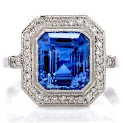 Dover Jewelry No Heat Ceylon GIA Sapphire Step Cut Diamond Halo Platinum Ring