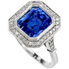 Dover Jewelry No Heat Ceylon GIA Sapphire Step Cut Diamond Halo Platinum Ring