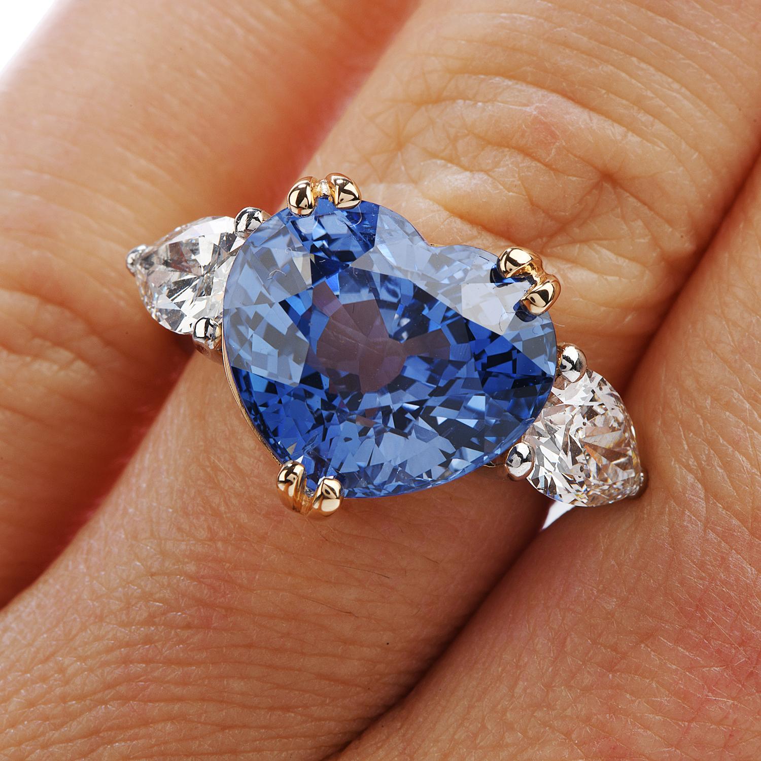 Modern GIA 12.58 carats Ceylon Heart Sapphire Diamond Three-Stone Ring