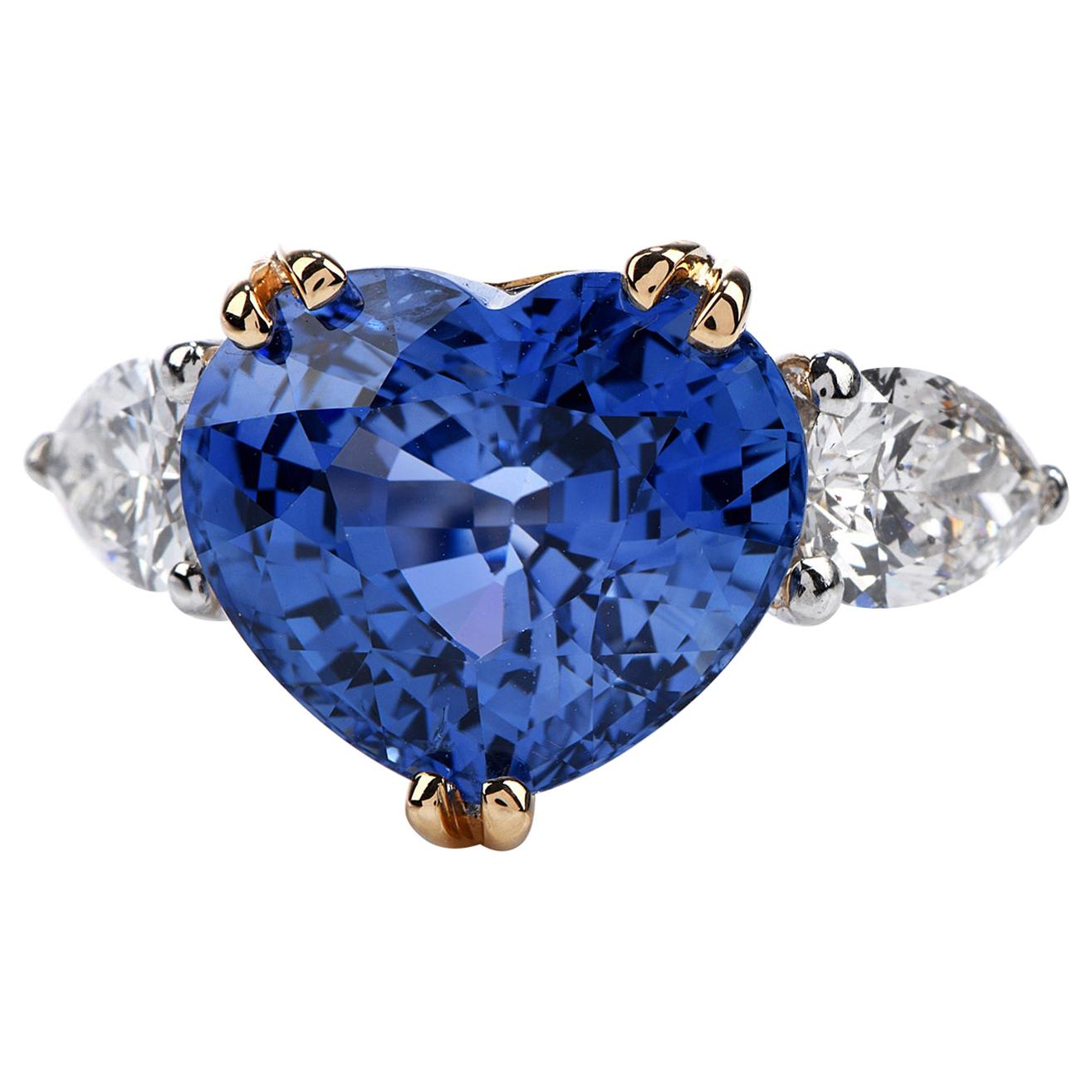GIA 12.58 carats Ceylon Heart Sapphire Diamond Three-Stone Ring