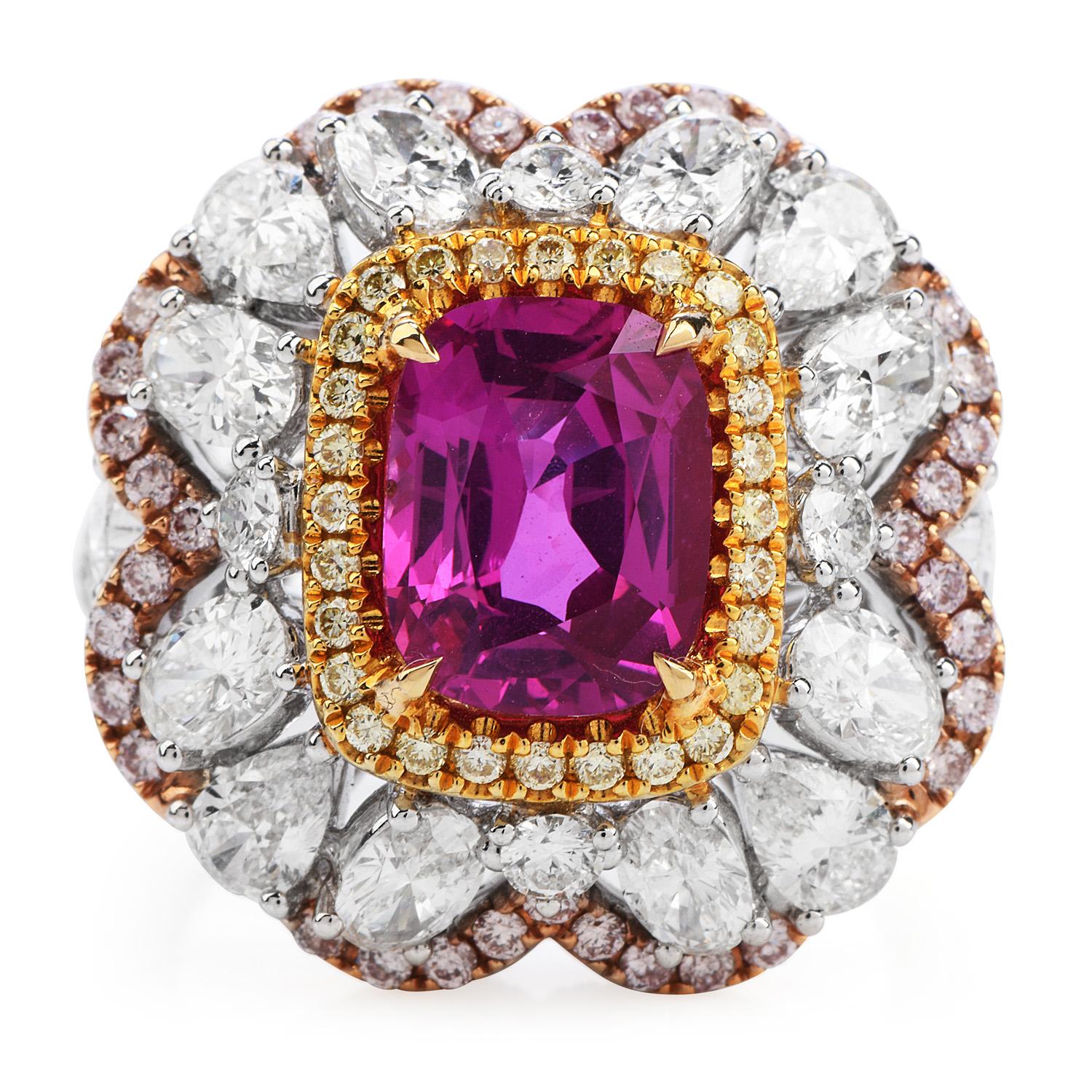 Treat yourself to this irresistibly stunning Diamond & Sri lanka Pink sapphire with fancy natural pink and yellow diamond Large Cocktail Ring!  This ring is hand crafted mainly in 18-karat white gold with some yellow and pink gold .  The center