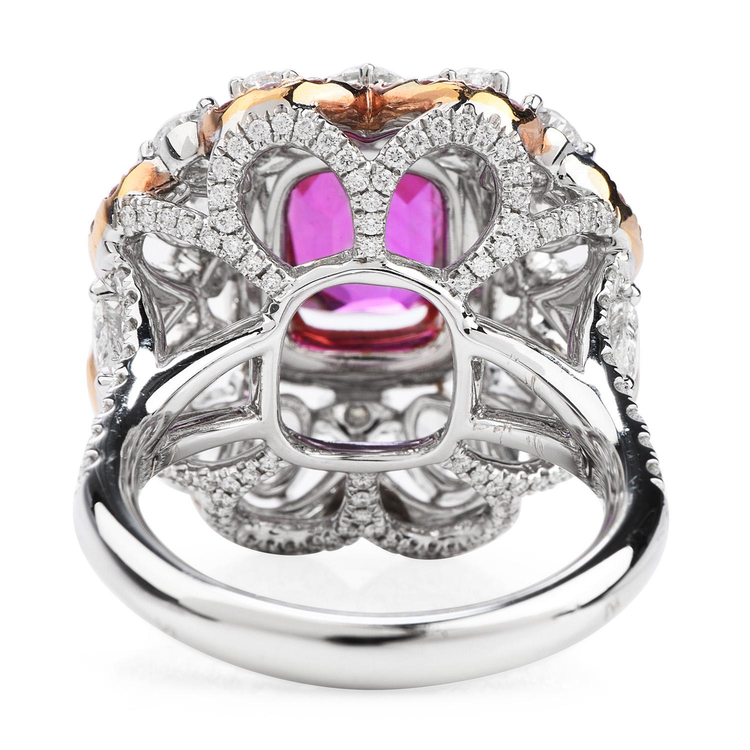 Vivid Ceylon Pink Sapphire Fancy Diamond 18 Karat Gold Large Cocktail Ring In New Condition In Miami, FL