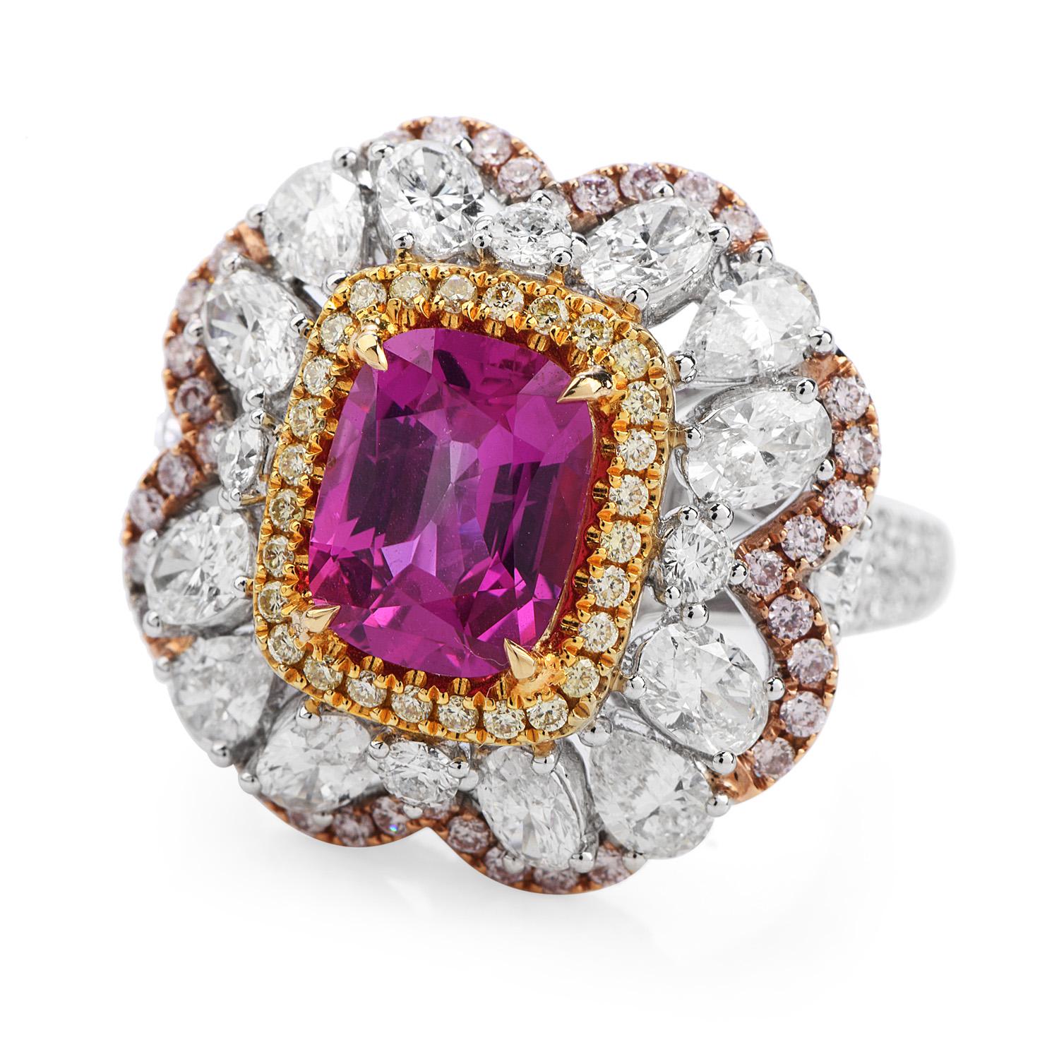 Women's or Men's Vivid Ceylon Pink Sapphire Fancy Diamond 18 Karat Gold Large Cocktail Ring