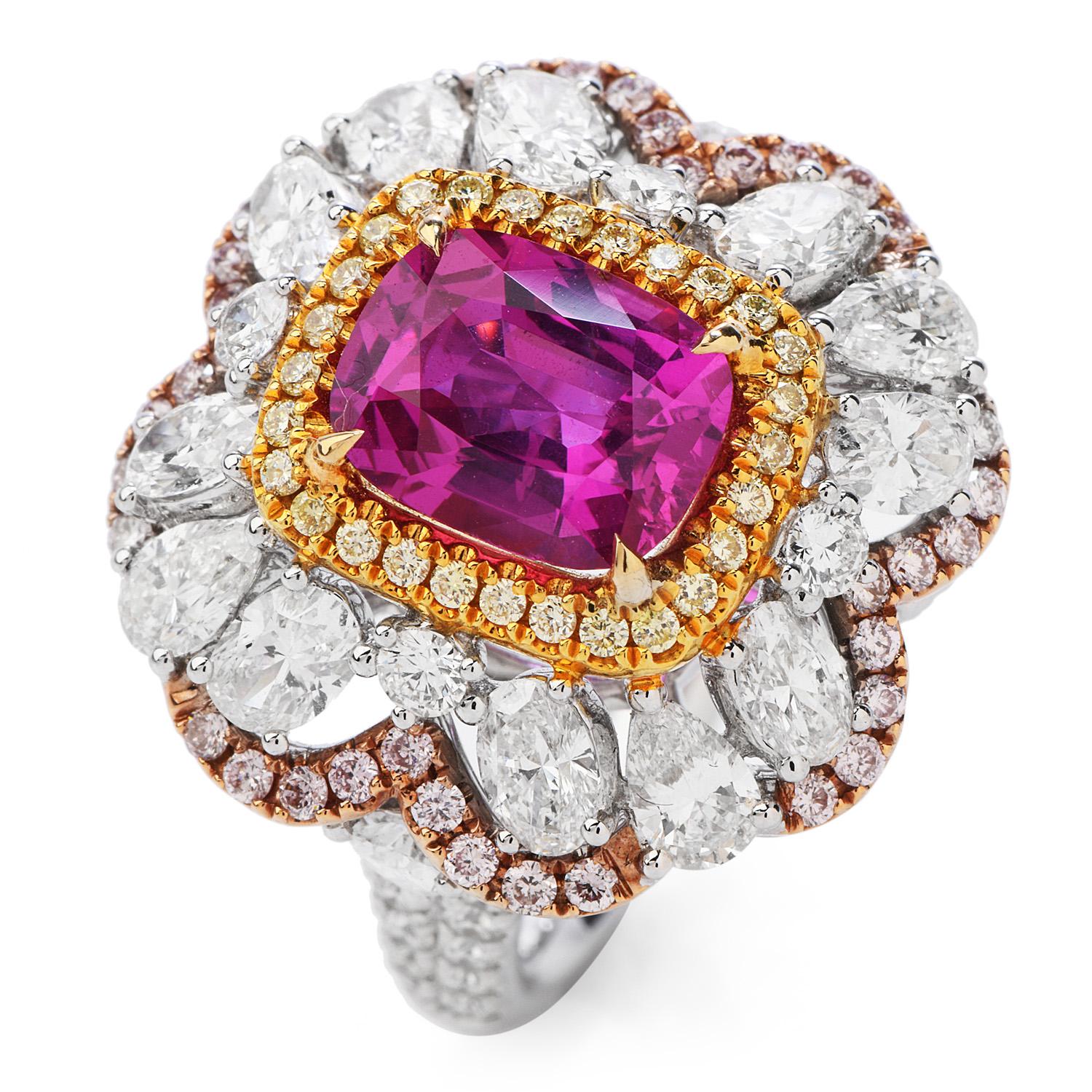 Vivid Ceylon Pink Sapphire Fancy Diamond 18 Karat Gold Large Cocktail Ring 1